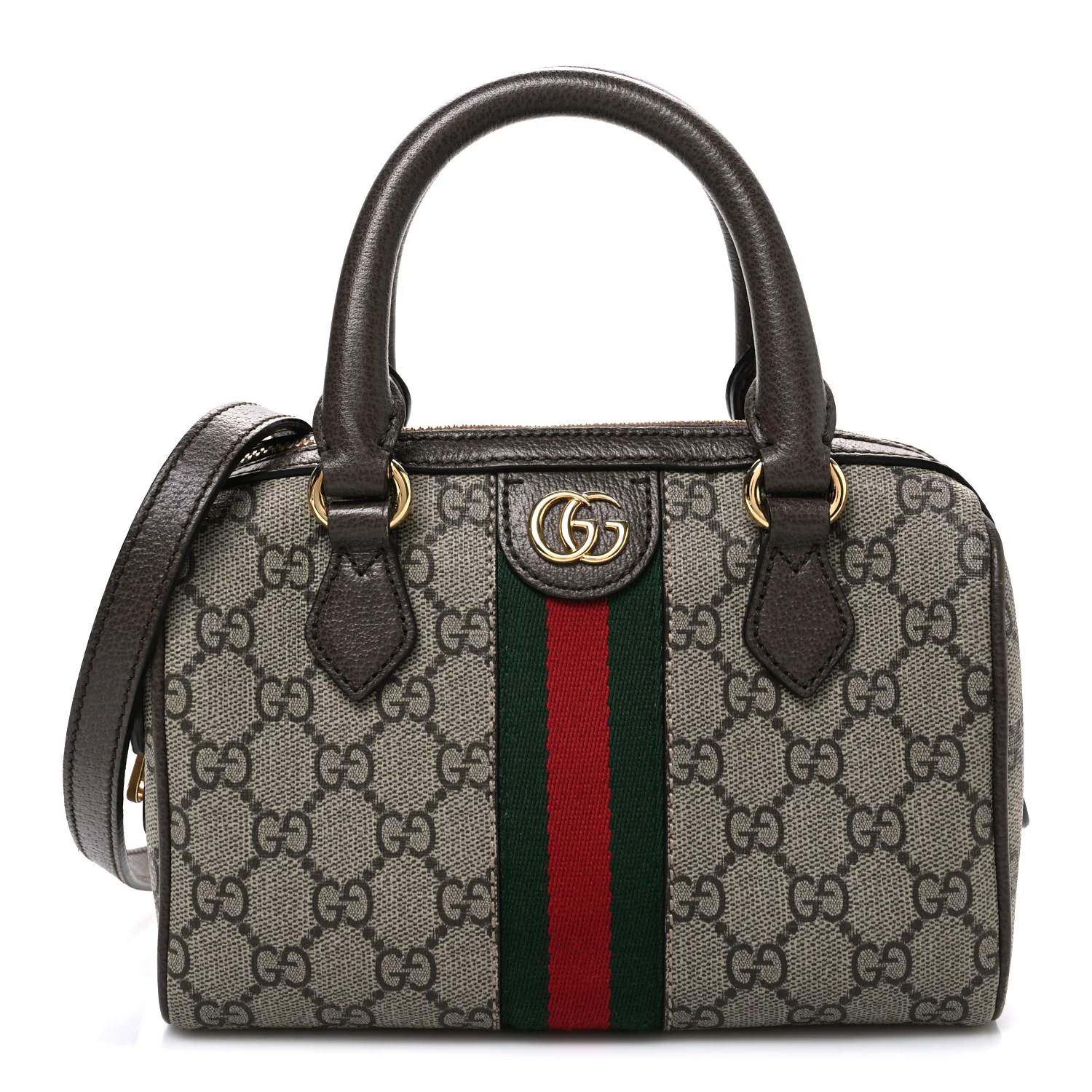 GG Supreme Monogram Textured Dollar Calfskin Web Mini Ophidia Top Handle Bag Beige Ebony New Acero