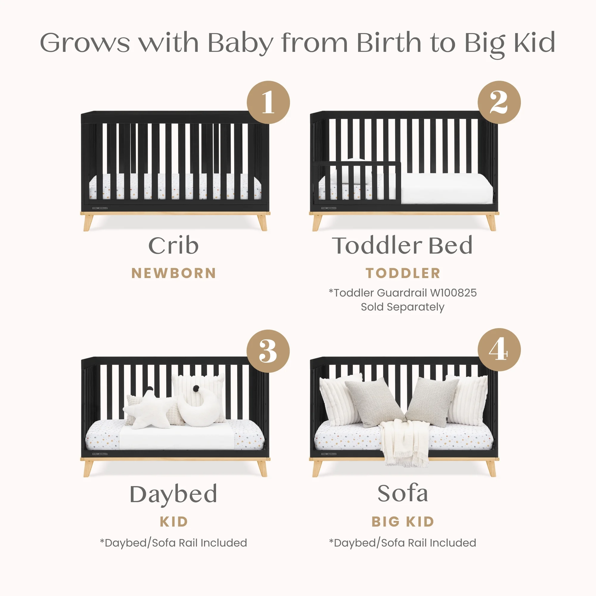 Frankie 4-in-1 Convertible Crib Greenguard Gold Certified, Black with Natural(Black with Natural) - Image 9