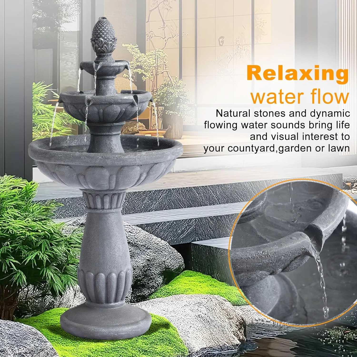 40.6" High Large Italian Outdoor Water Fountain, 3-Tier Standing Bubbler Waterfalls Fountain with Pineapple Top and Roman Pillar, Resin Garden Water Fountains for Bird Bath Patio Yard Deck - Image 3