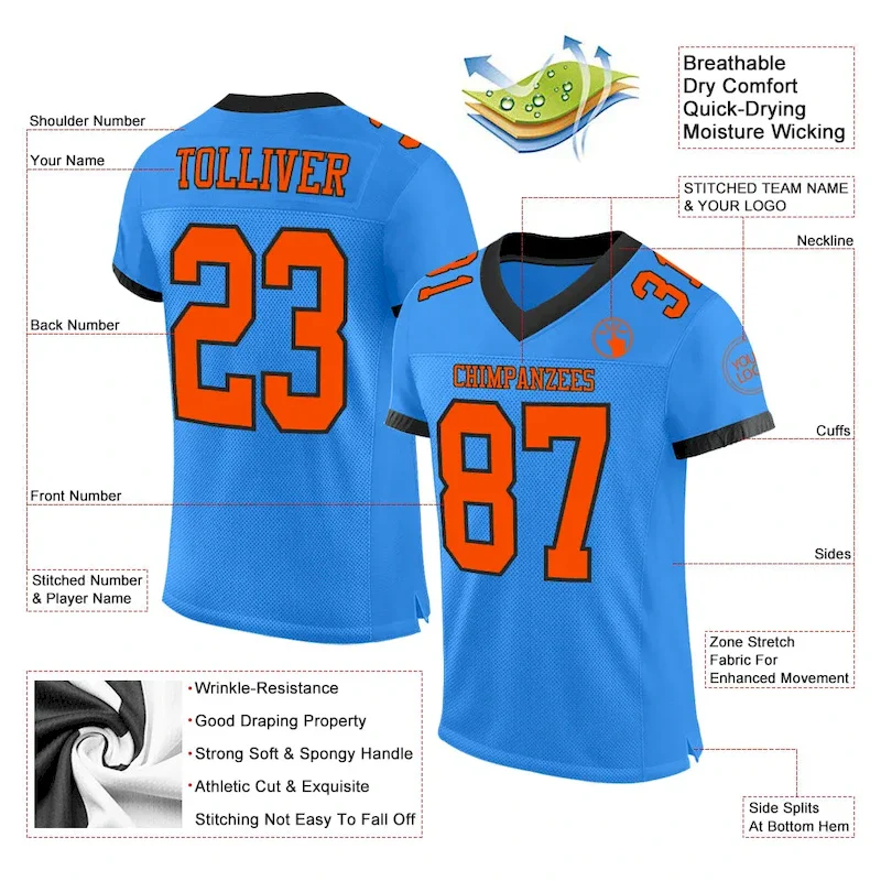 Custom Powder Blue Orange-Black Mesh Authentic rugby jersey