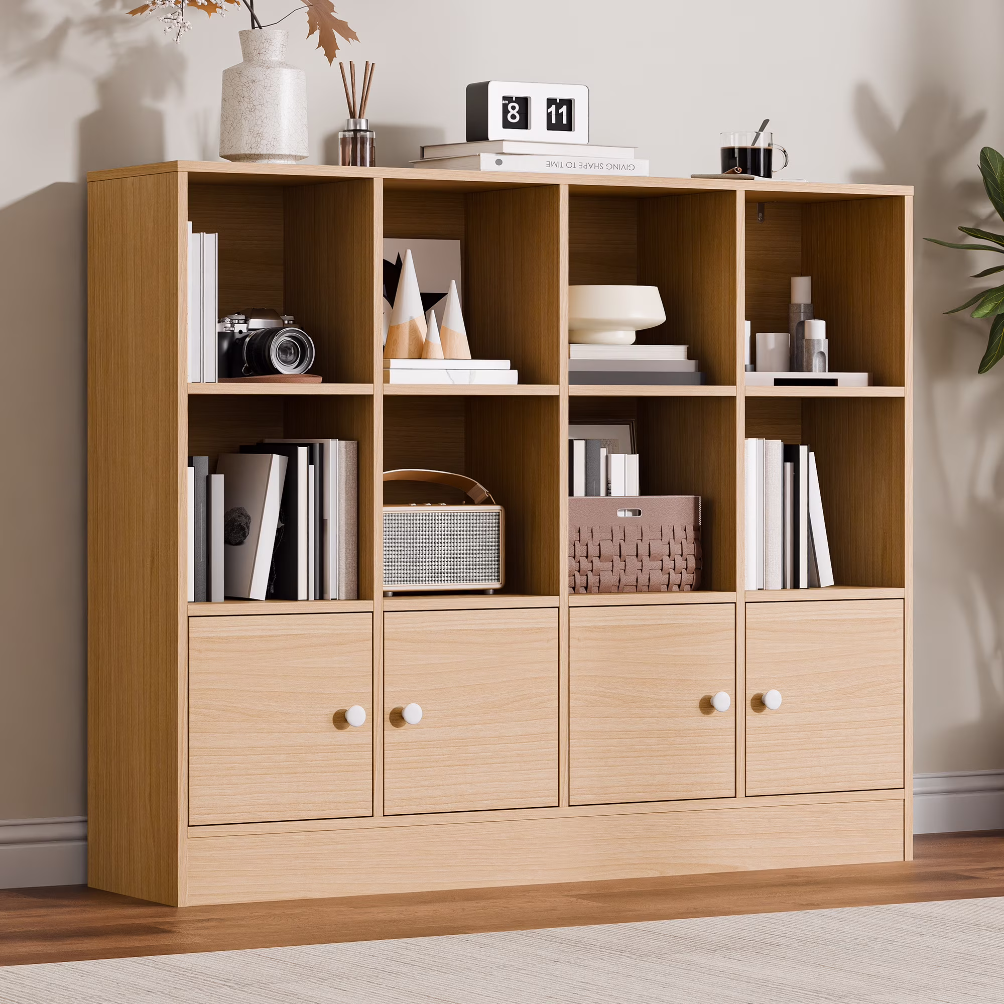 3-Tier Open Cube Bookcase with 12 Cubes and 4 Doors, Adjustable Shelves, White(White) - Image 3