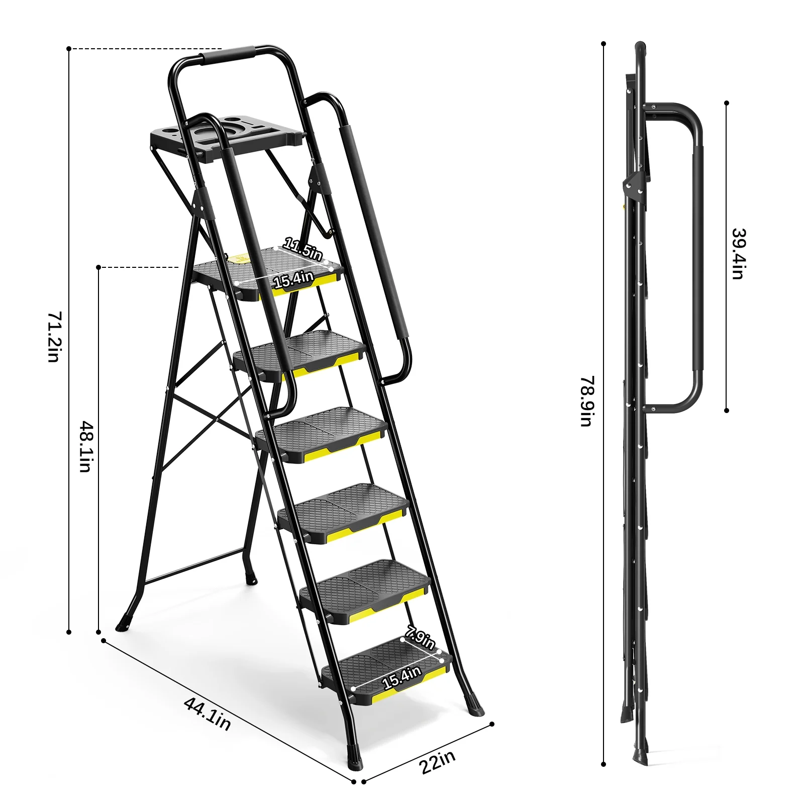 6 Step Ladder, Metal Ladder with Tool PlatformHandrails, 800 lbs Capacity, Black - Image 5