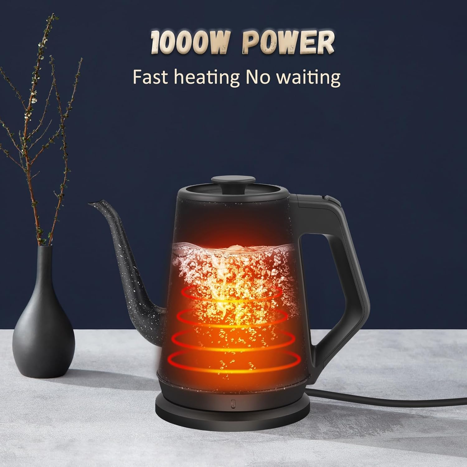 Gooseneck Electric Kettle 1L, 1000W Stainless Steel, Black