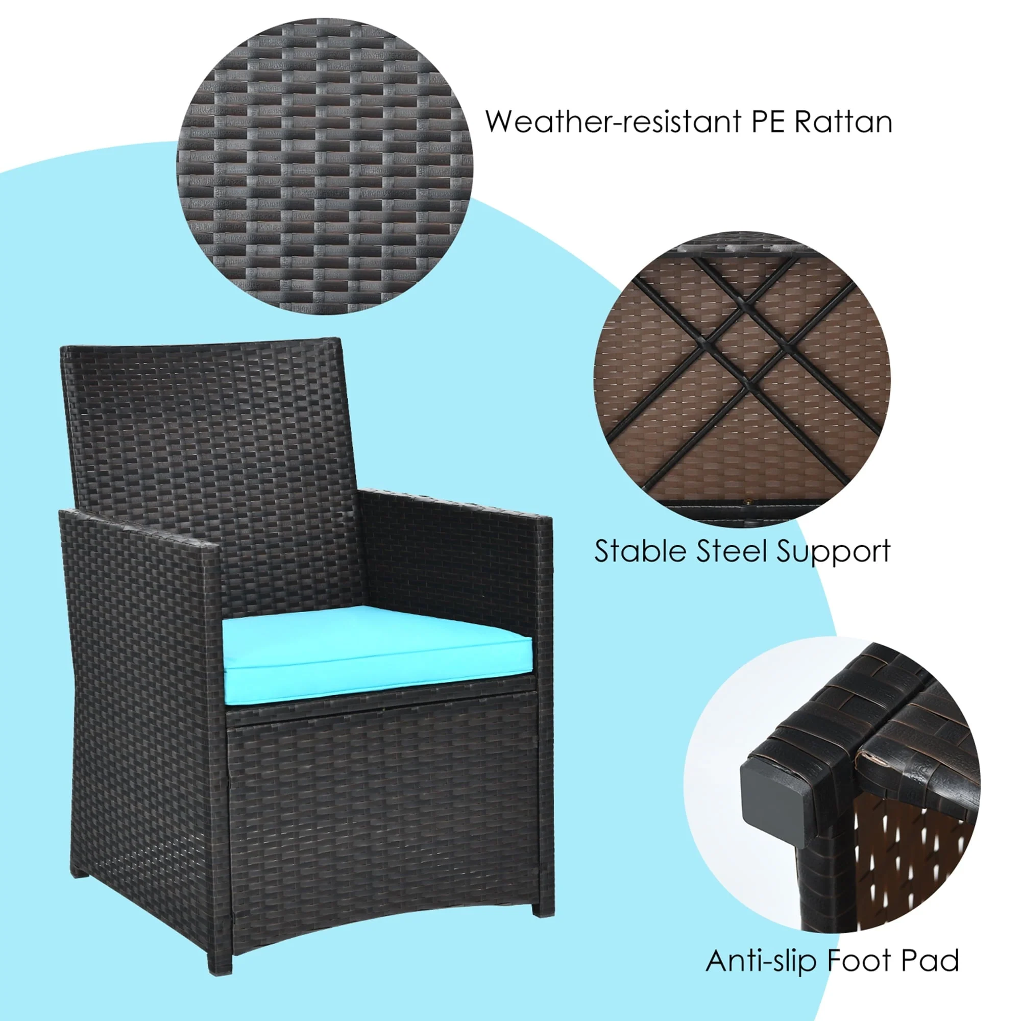 Gymax 3PCS Patio Wicker Bistro Set PE Rattan Dining Table Set W/ Turquoise Cushions