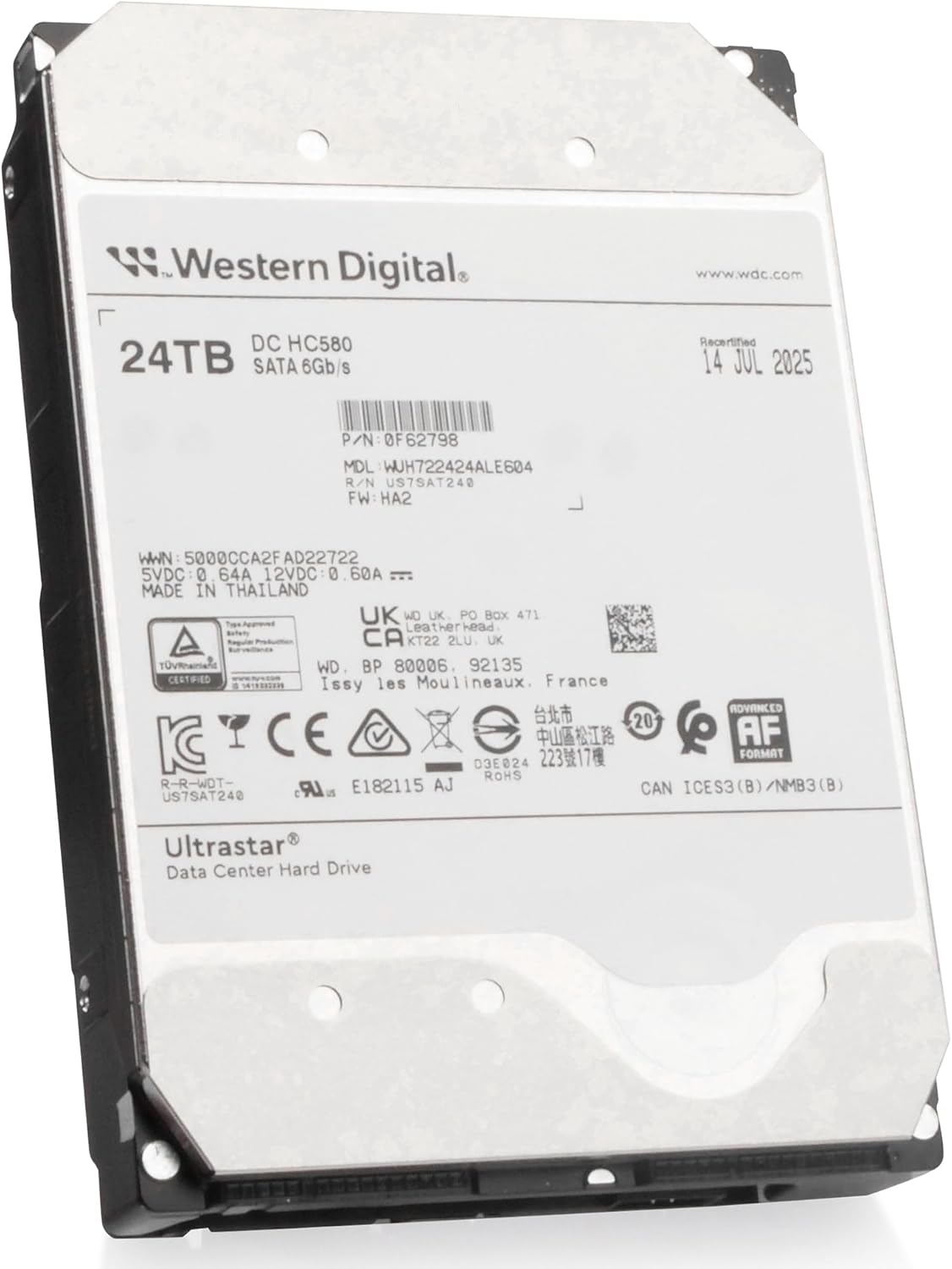 Western Digital Ultrastar DC HC580 WUH722424ALE604 0F62798 24TB 7.2K RPM SATA 6Gb/s 512e 3.5in Enterprise Hard Drive (Renewed)