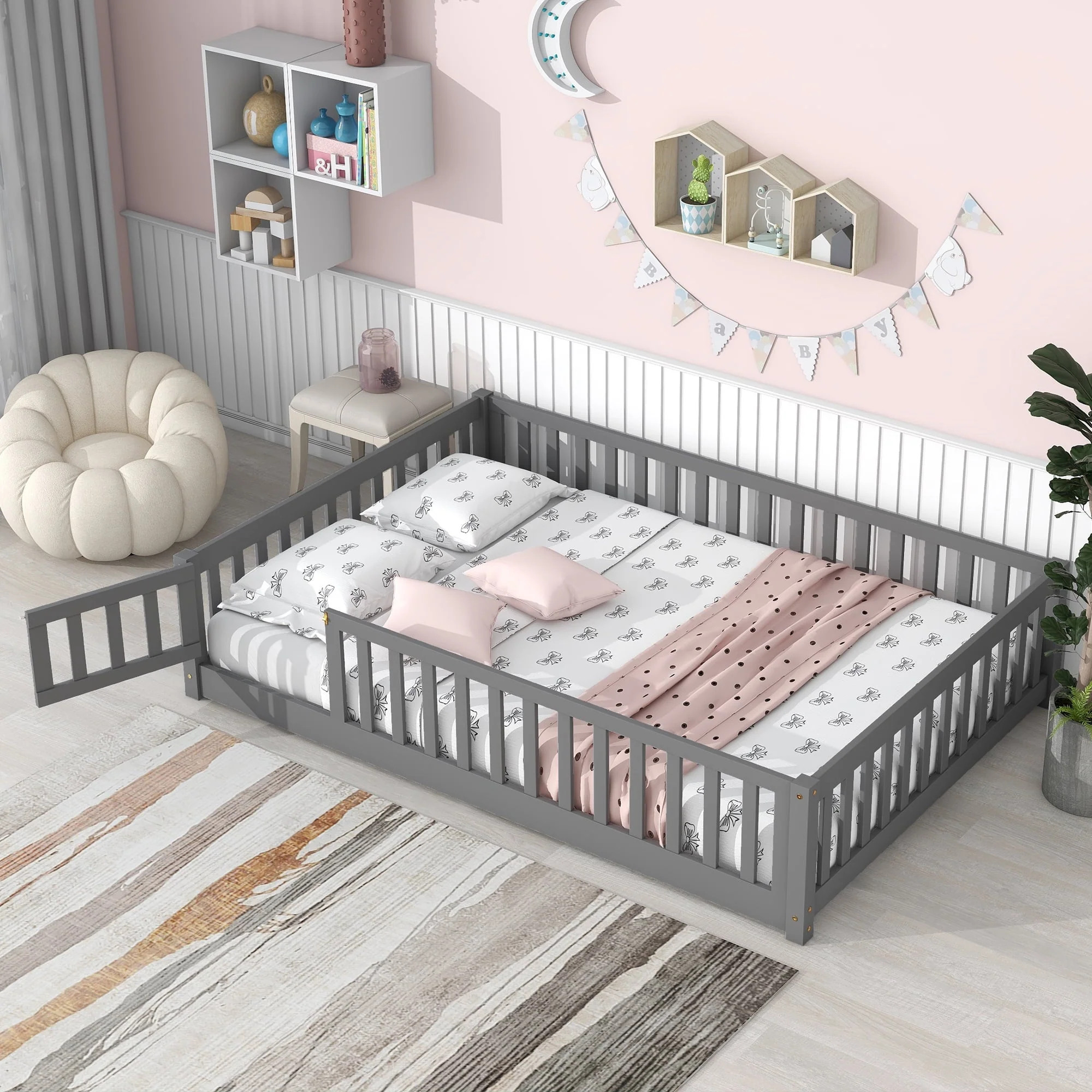 Full Size Wood Floor Bed Frame with Fence and Door for Kids, Toddlers, Gray(Twin/Gray)