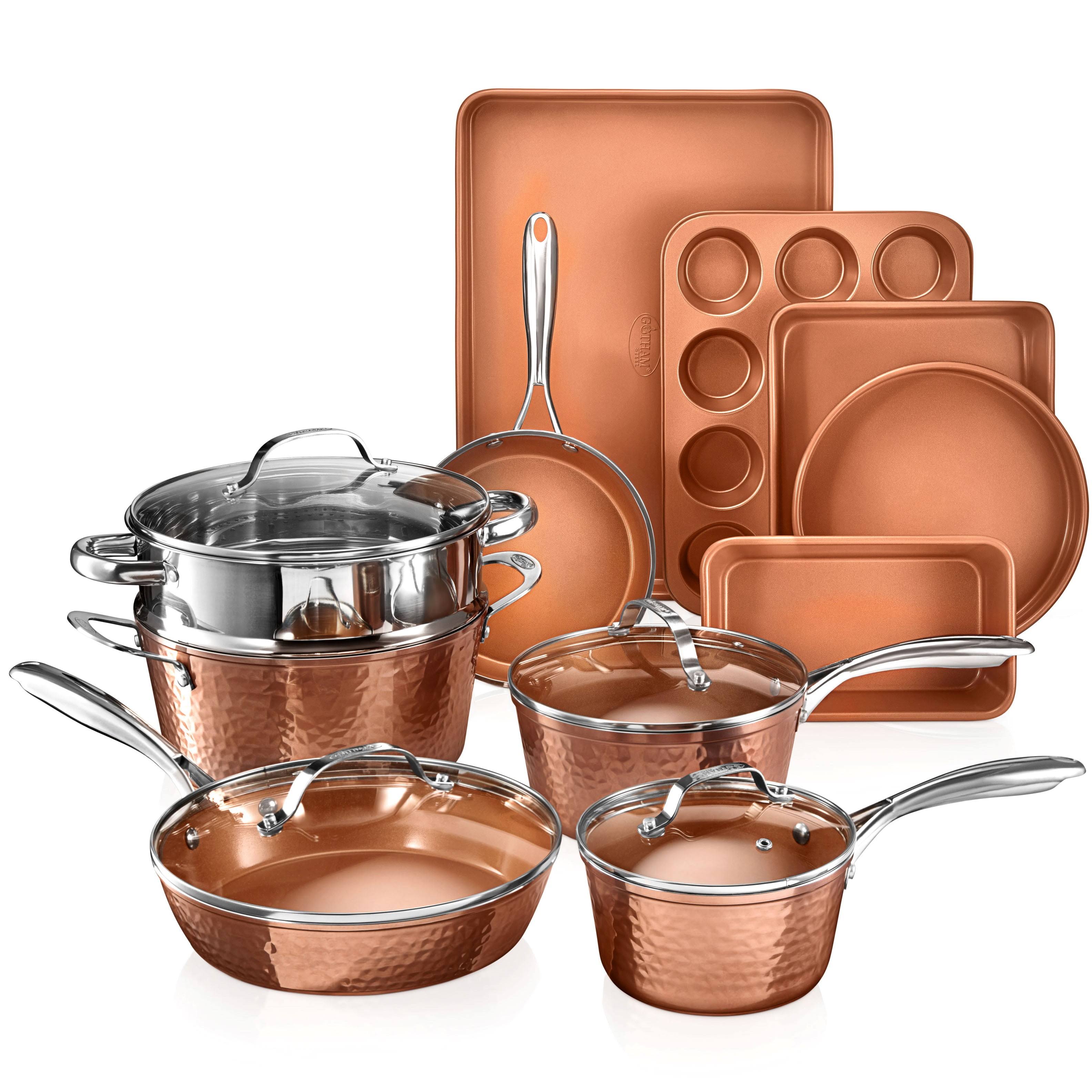 Gotham Steel Hammered 15 Piece Nonstick Cookware and Bakeware Set - Copper
