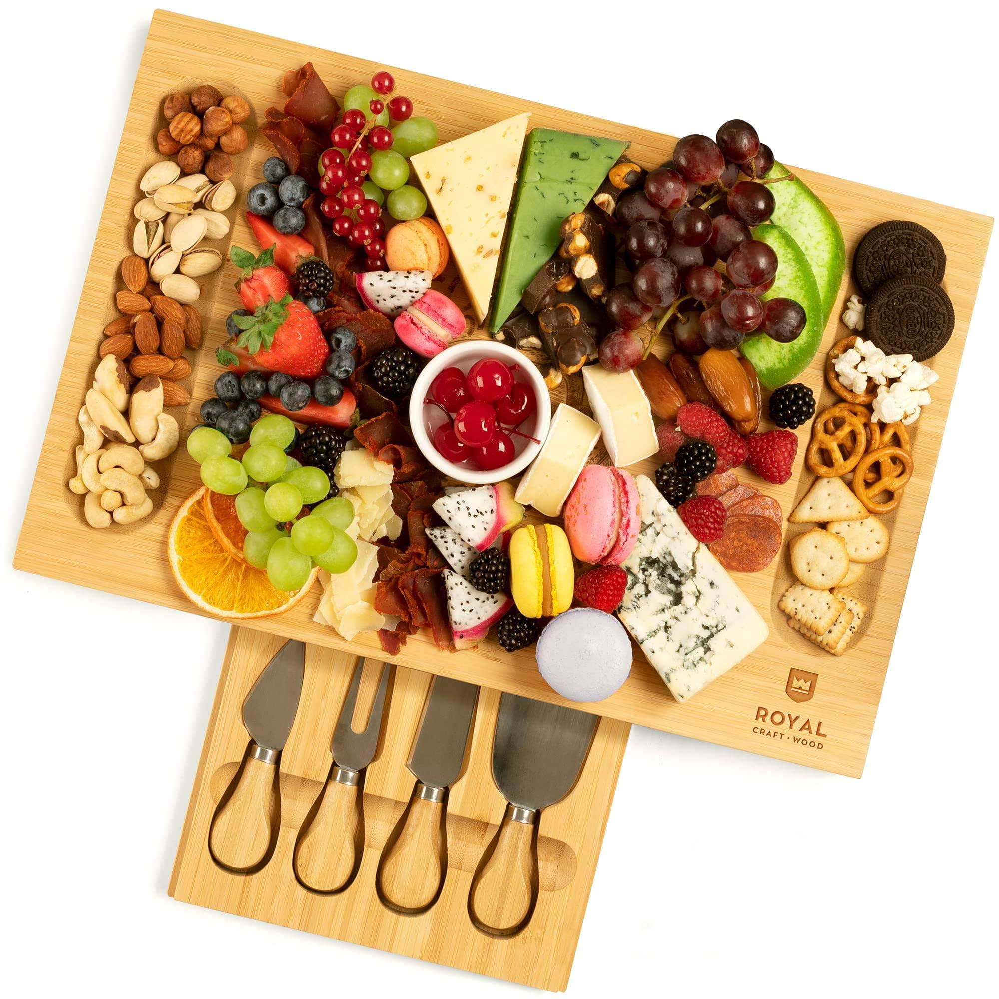 Royal Craft Wood Unique Bamboo Cheese Board Charcuterie Platter & Serving Tray Including 4 Stainless Steel Knife & Thick Wooden Server - Fancy