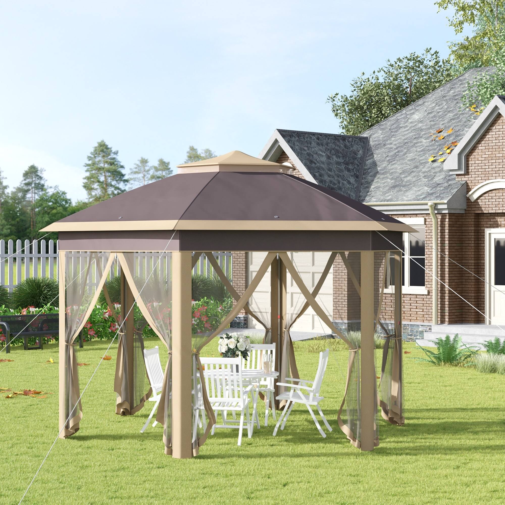 Outsunny 13'x11' Pop Up Gazebo, Double Roof Canopy Tent with Zippered Mesh Sidewalls, Height Adjustable and Carrying Bag - Beige