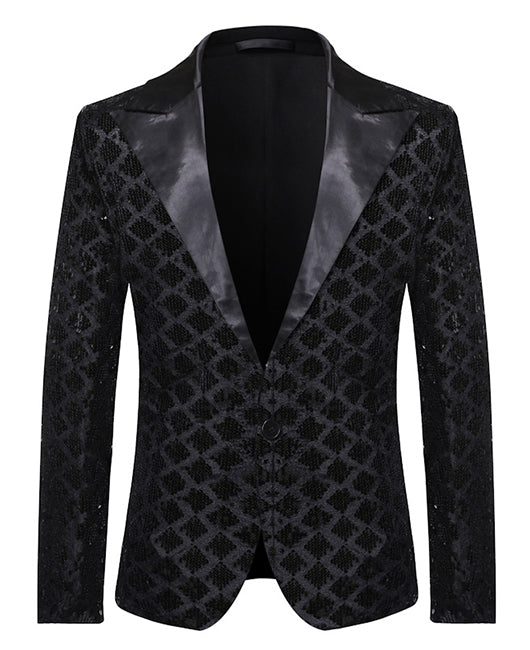 Blazer glamour noir à losanges, col à revers pailleté et un bouton