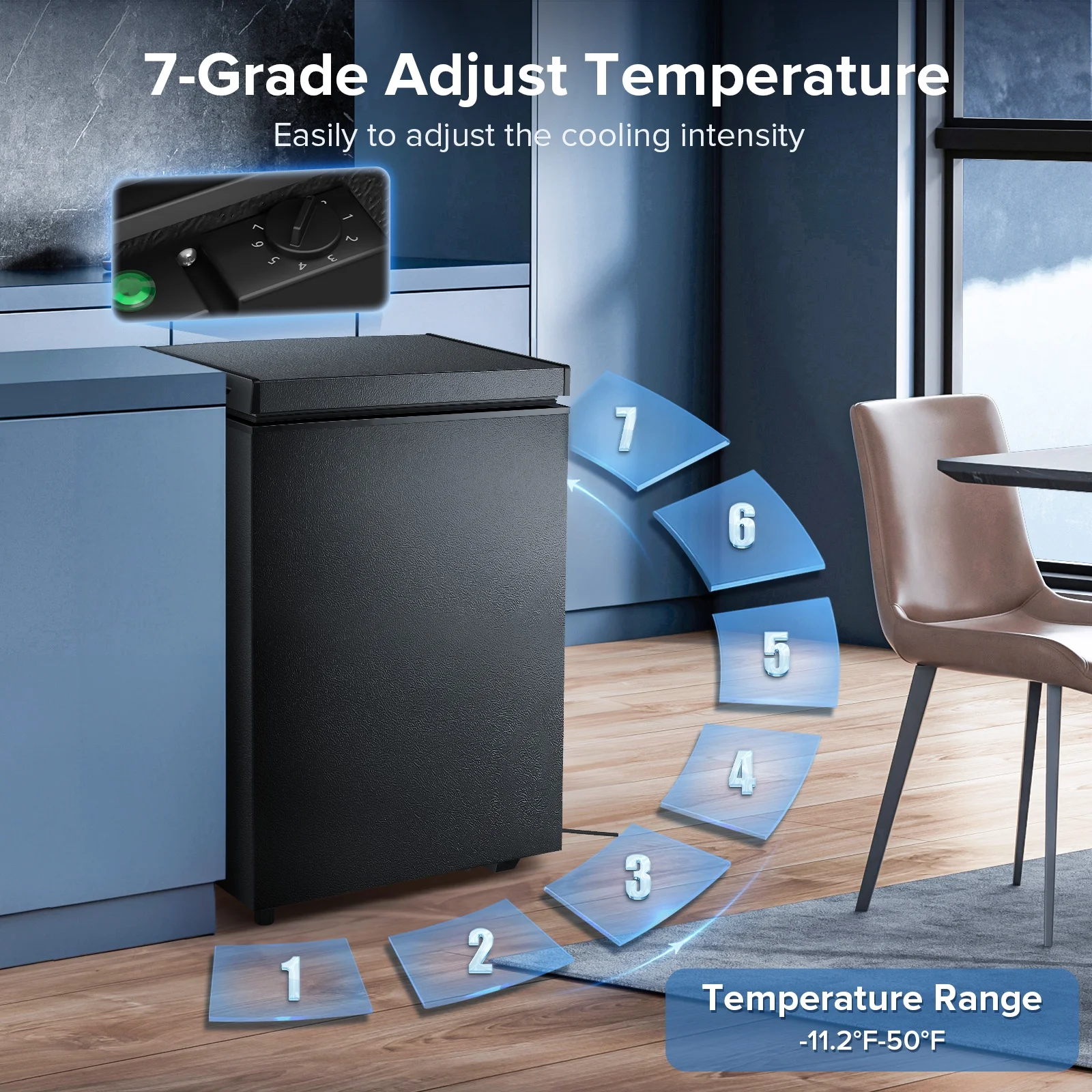 Mini Freezer Chest 3.5 cu ft, Black Deep Freezer Side Handle, Compact Freezer with 7 Gear Adjustable Temperature, Removable Storage Basket*2, Energy Saving(Black) - Image 7
