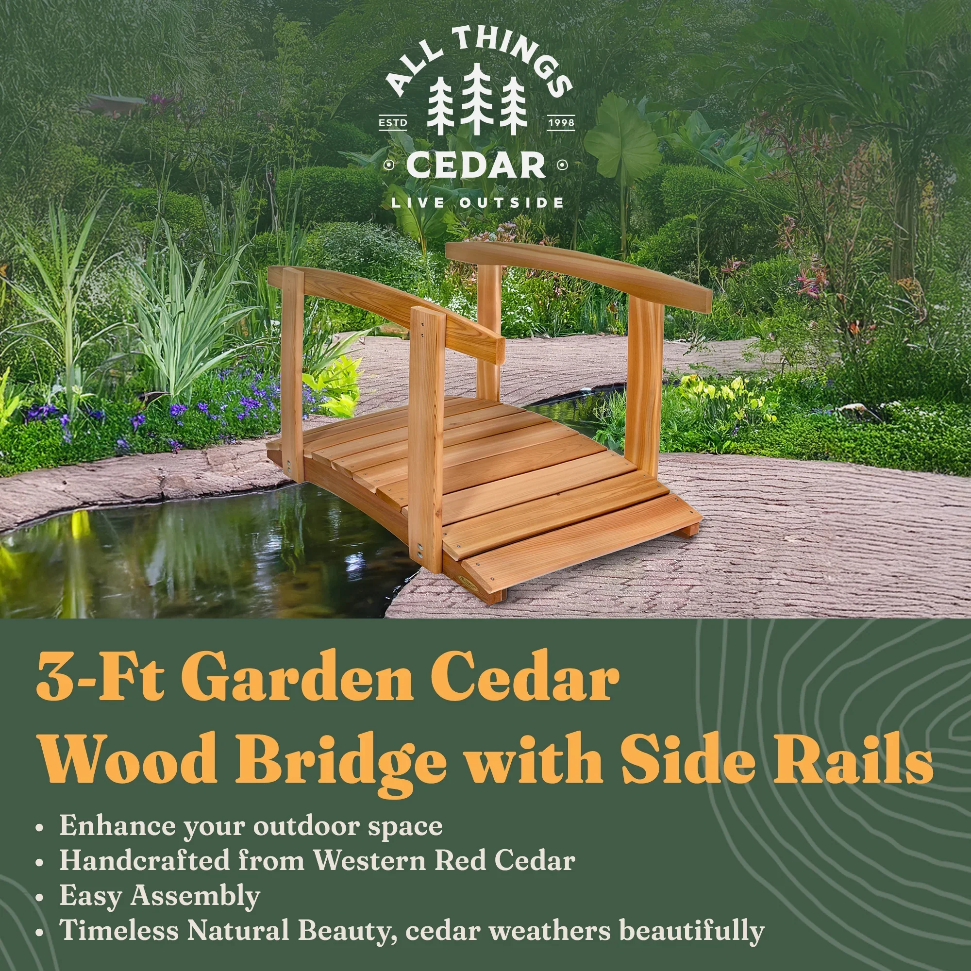 All Things Cedar FB36-R 3-ft Cedar Wood Garden Bridge | Side Rails - 36L x 29W x 7H
