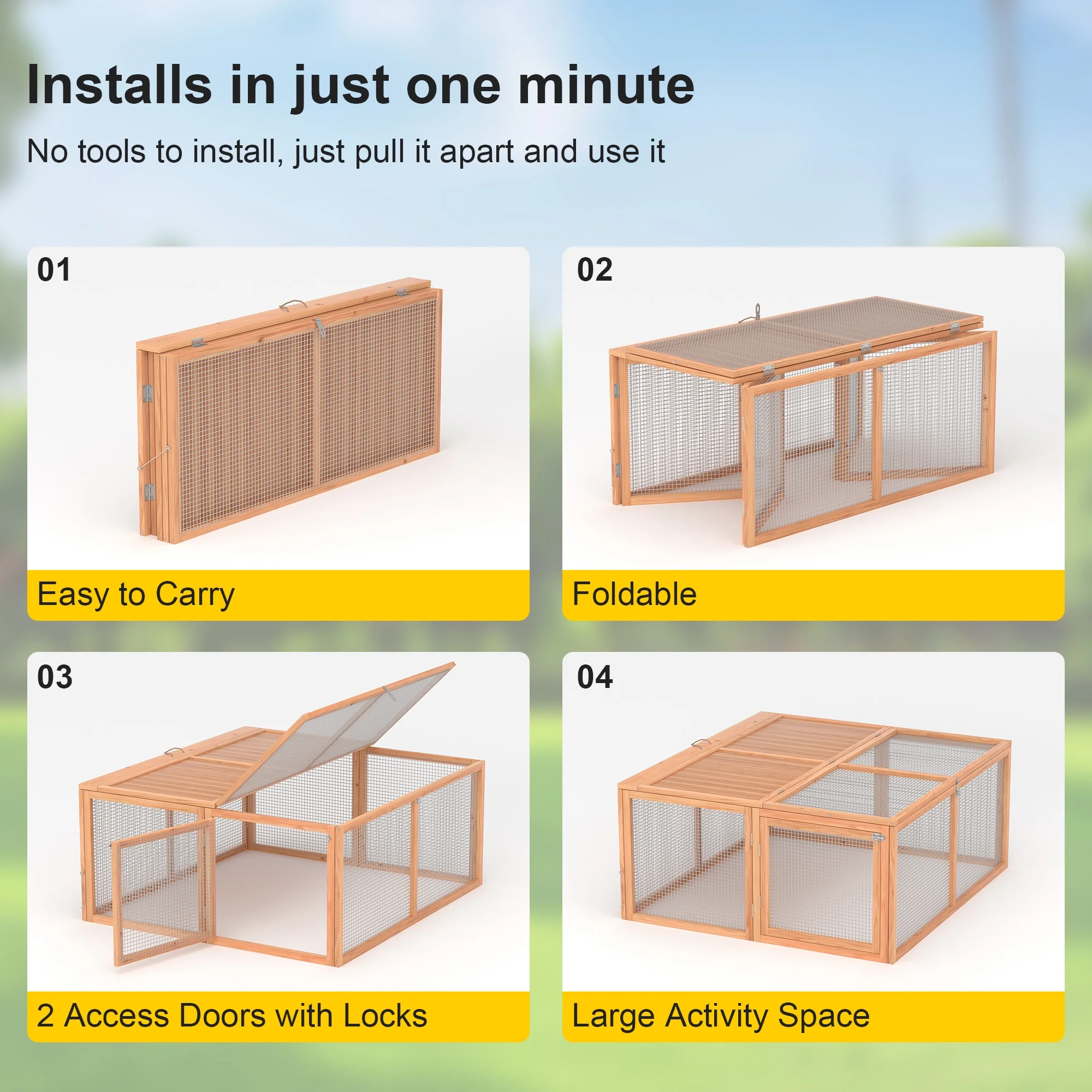 Portable Chicken Coop Run Rabbit Hutch Outdoor Small Animal Cage House Wooden Poultry Enclosure for Bunny, Duck, Chick, Quail, No Assembly Required(Yellow) - Image 6