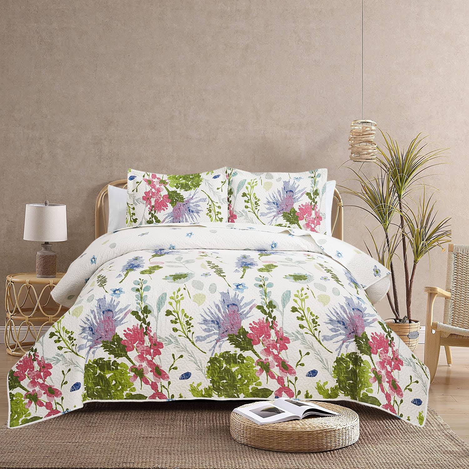 Jarson Floral Quilts Set King size, 3pcs Lightweight Summer Bedspreads, Country Purple Flowers Bedding, Botanical Plant Reversible Coverlets