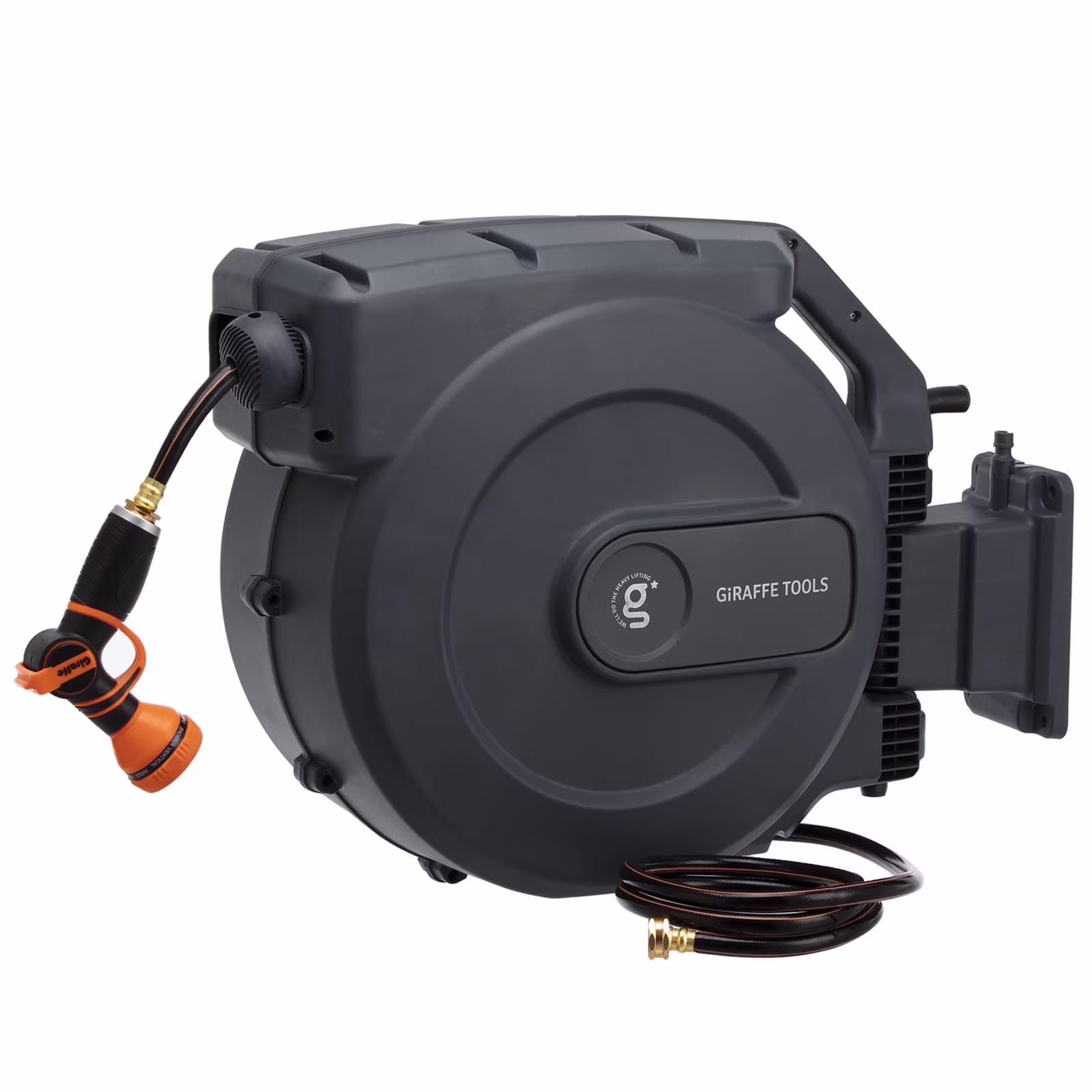 Giraffe Tools Retractable Garden Hose Reel with 1/2in-100ft Water Hose, Plastic Bracket, Wall Mounted, Dark Grey