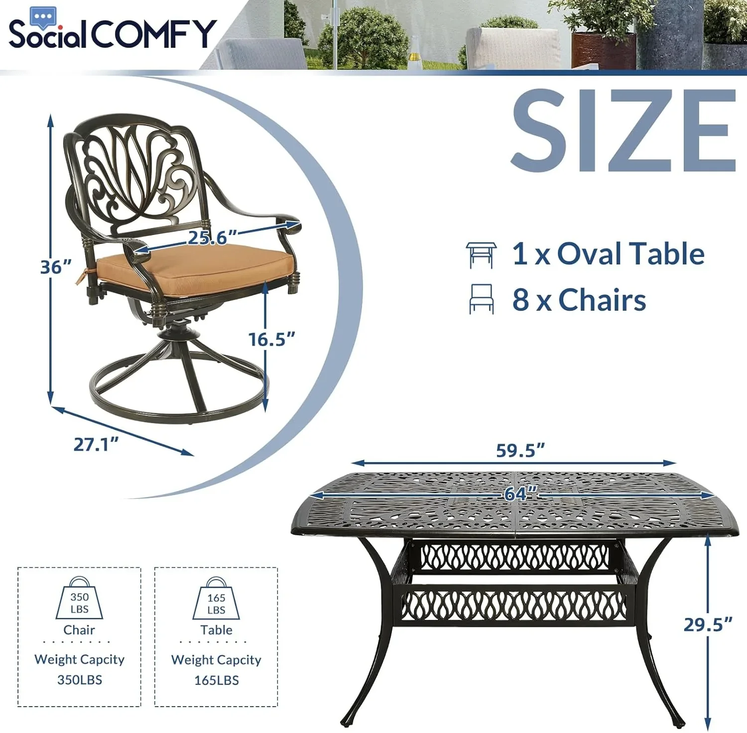 9-Piece Patio Cast Aluminum Dining Set, Outdoor Dining Furniture Set for 8 Person, Includes 64 Square Table and 8 Swivel Rocker Chairs with Umbrella Hole for Patio Deck Garden, Tan