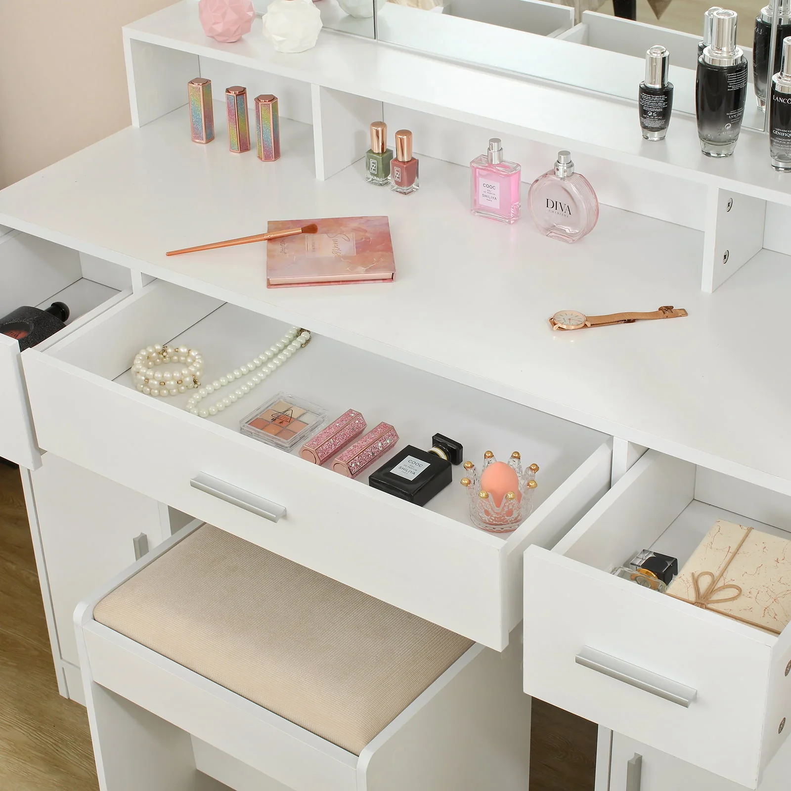 USIKEY Large Vanity Set with Large Lighted Mirror, Modern Makeup Vanity Table with 3 Drawers, 2 Storage Cabinets 10 LED Bulbs and Cushioned Stool for Women, Bedroom, WhiteSZT32WD(Gray) Image 7