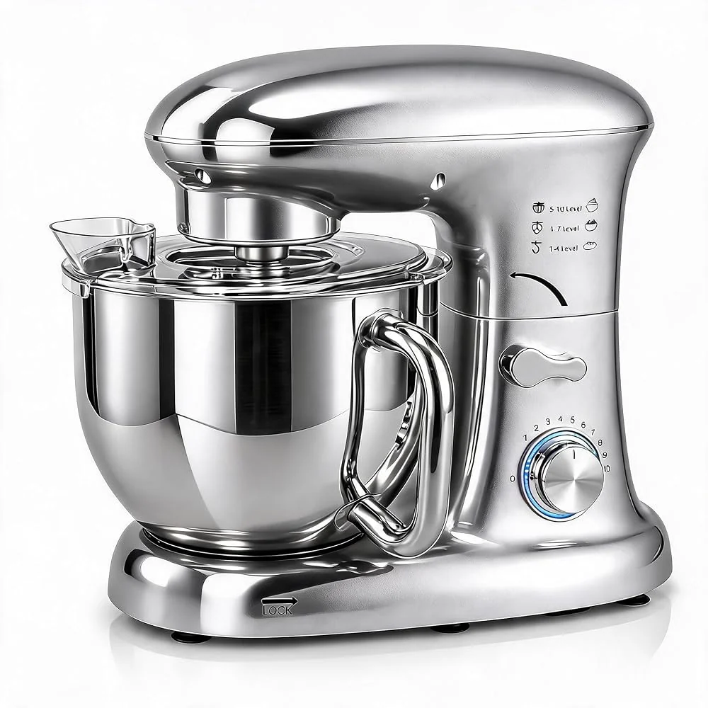 CuisinSmart 5.3QT Tilt-Head Stand Mixer - 500W 10-Speed Electric Kitchen Mixer with Stainless Steel Bowl, Dough Hook, Flat Beater & Wire Whisk for Bread, Cake, Cookies, Pizza Dough - Silver