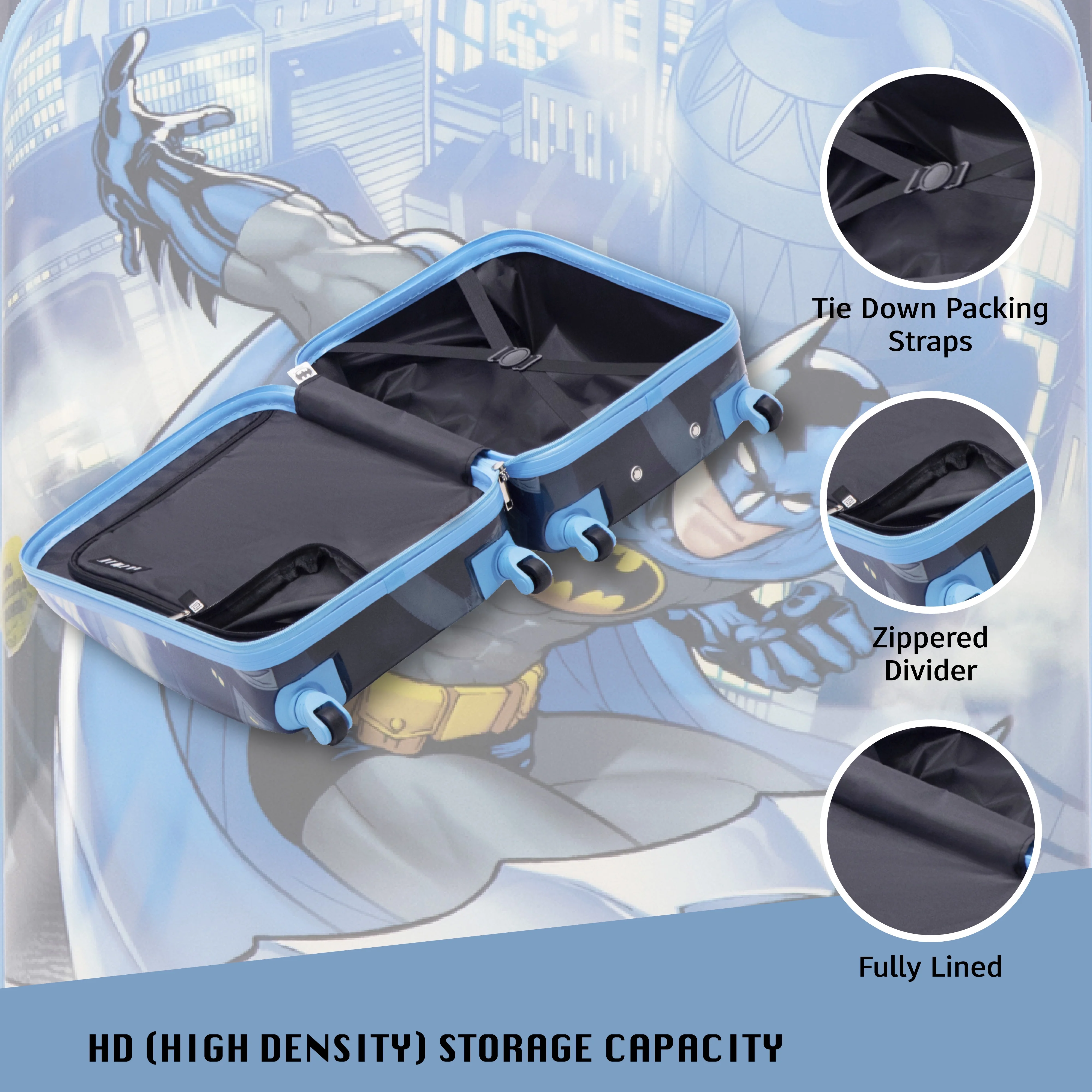 DC Comics Batman 21 in Kids Rolling Luggage, Hardshell Carry on Suitcase with Wheels, Blue