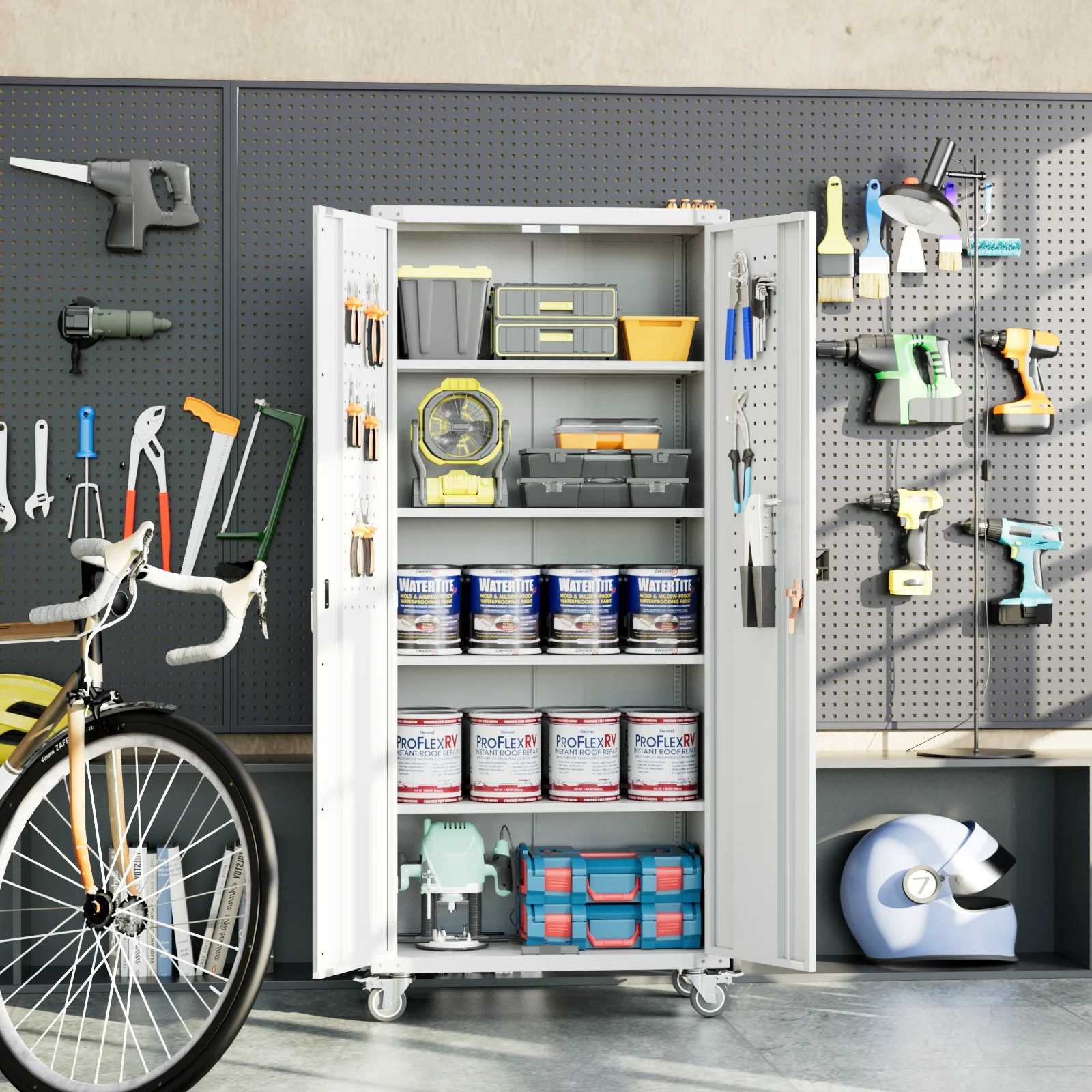 Metal Rolling Storage Cabinet, 72 inch Steel Lockable Cabinet with Multipurpose Pegboard and Adjustable Shelves, Tall Tool Cabinet for Office, Home, Storage, Assembly Required(Black)(72'' Black Cabinet with Pegboard) - Image 10