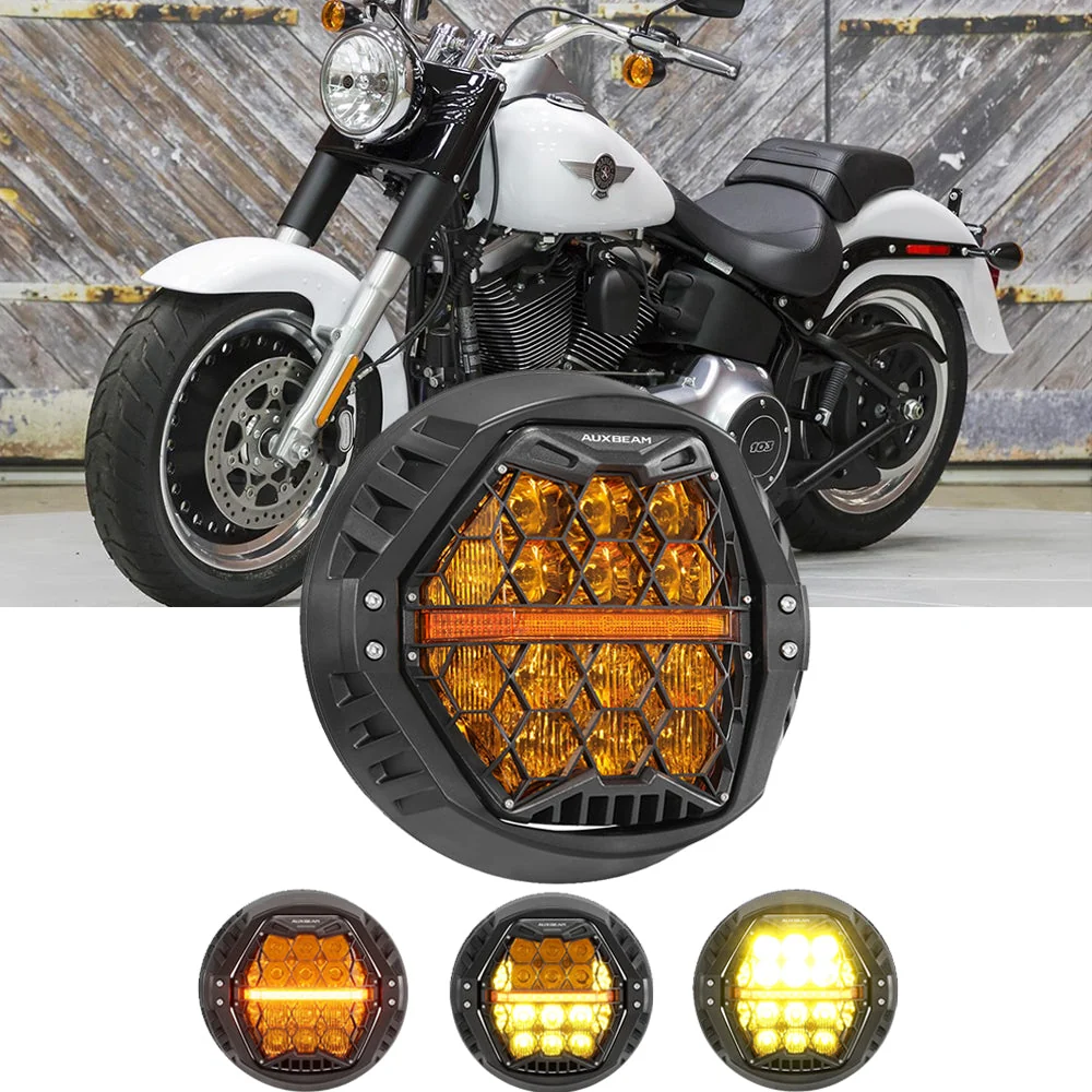 7 Inch 120W DOT Motorcycle LED Headlight Assembly with Amber DRL & Honeycomb Design (Hi/Lo Beam) for 2010-2016 Fat Boy Lo FLSTFB