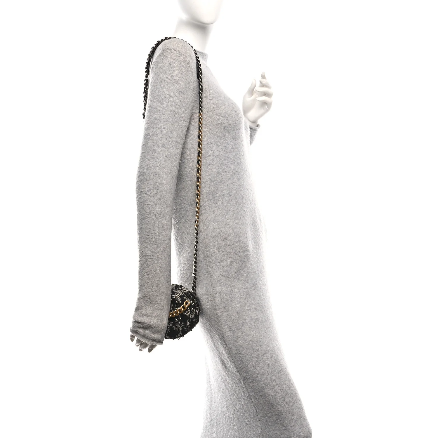 Tweed Quilted 19 Round Clutch With Chain Black White