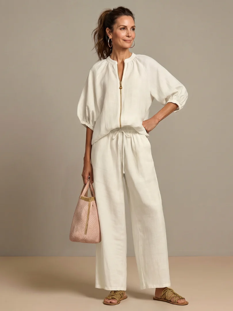 Ensemble blouse zippée et pantalon à jambes larges pour femme