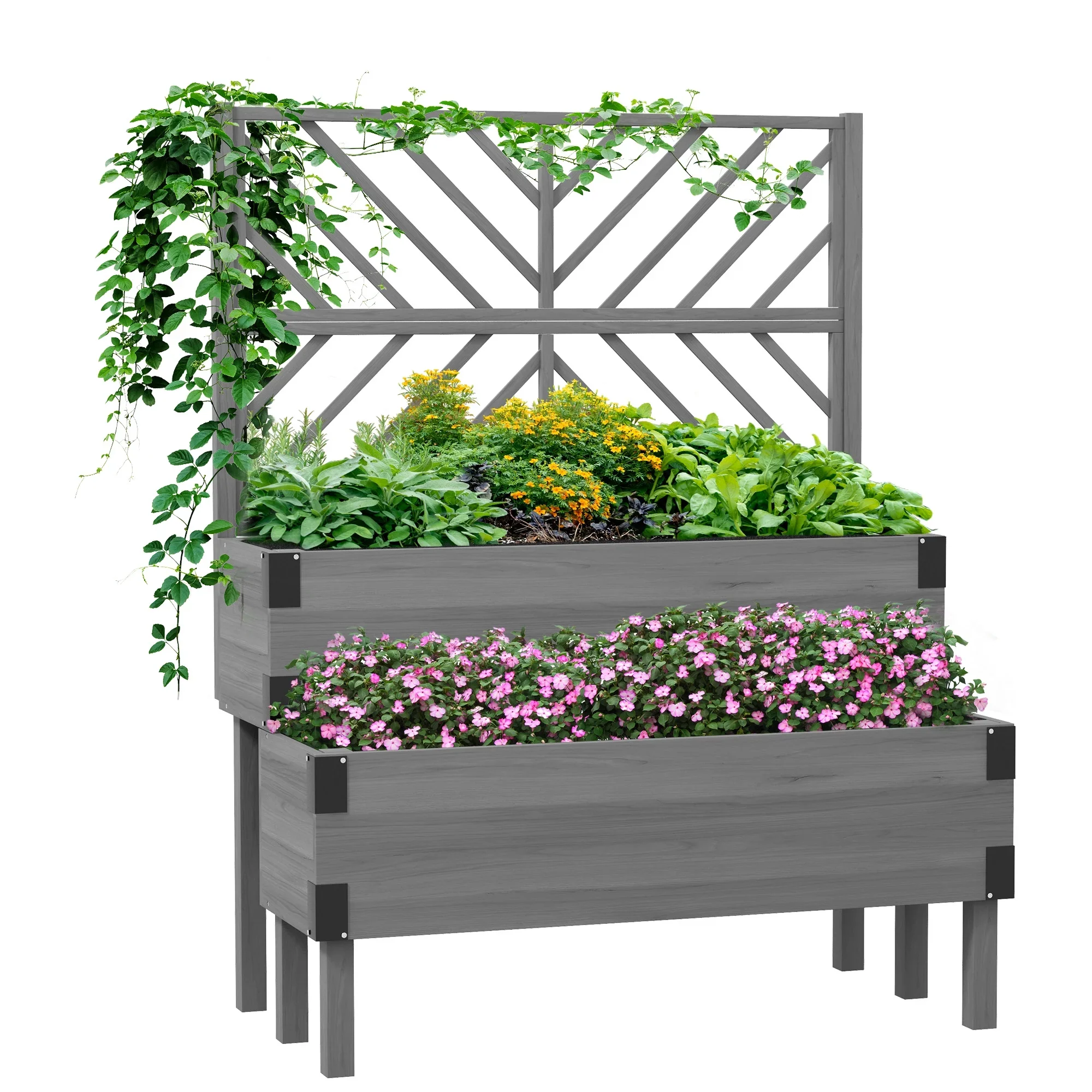 Outsunny 2 Tier Trellis Planter, 47.2�?x 15.7�?x 31.5�? Natural, Wood Garden Planter Box