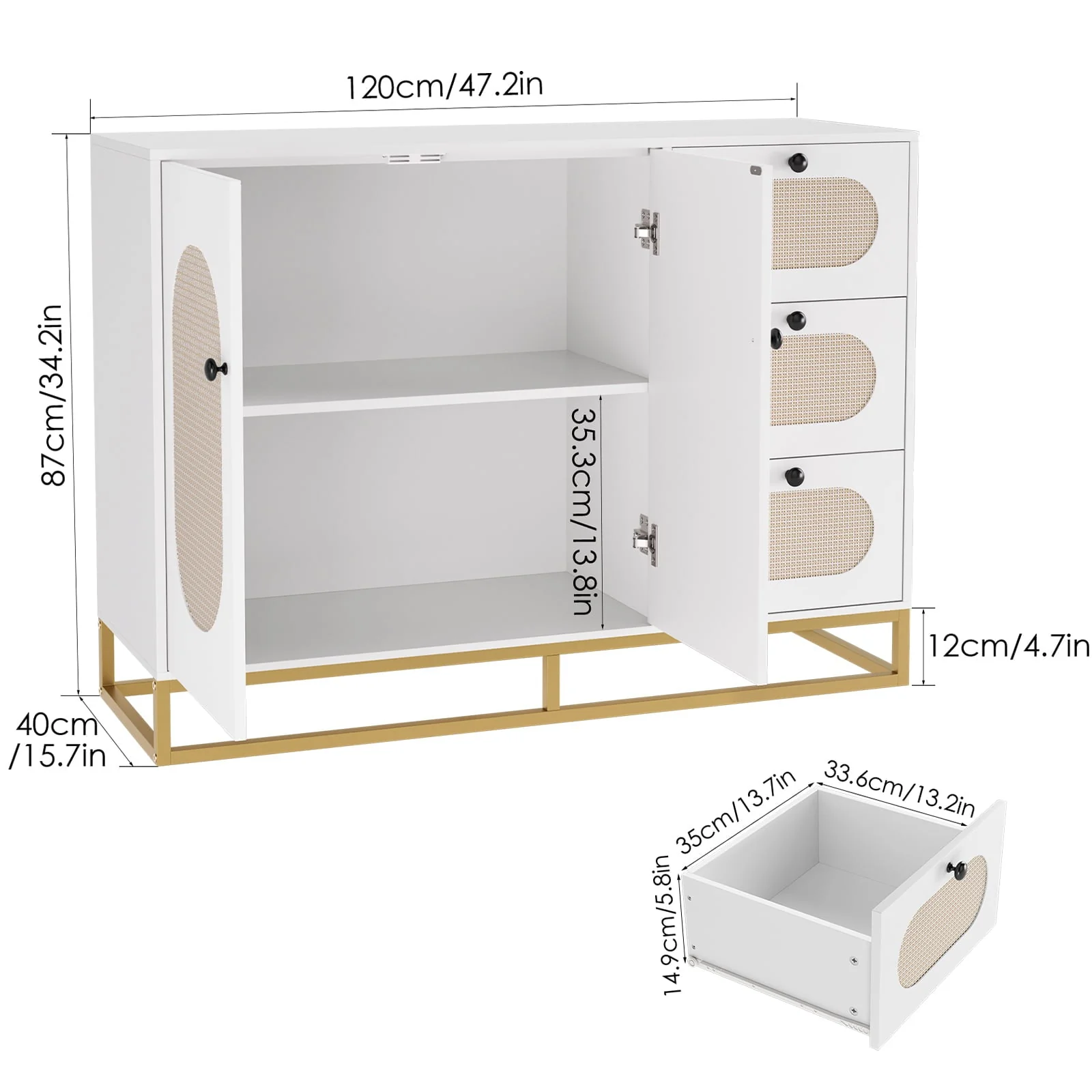 3 Drawers Accent Storage Cabinet, 34 2"H Gold Buffet Sideboard with Rattan Doors for Living Room, White Image 3