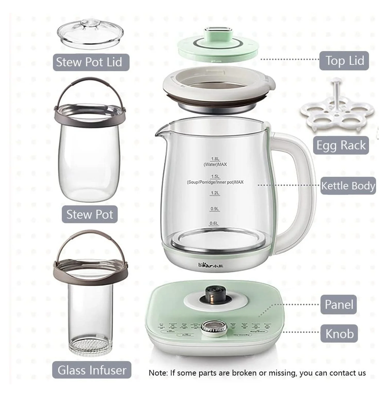 Bear Electric Kettle with Infuser & Stew Pot - 1.8 L Health Pot, 16 Menus, Glass Kettle, Tea Maker, 120V, Green