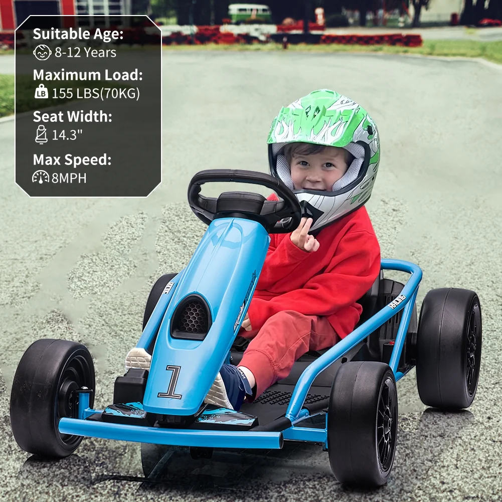 Go Kart for Kids 24V Battery 300WX2 Motors Pedal On Foot Go Cart 8MPH High Speed Drifting Car with Slow Start Function Music Elastic Durable Tires, Blue(Blue) - Image 2