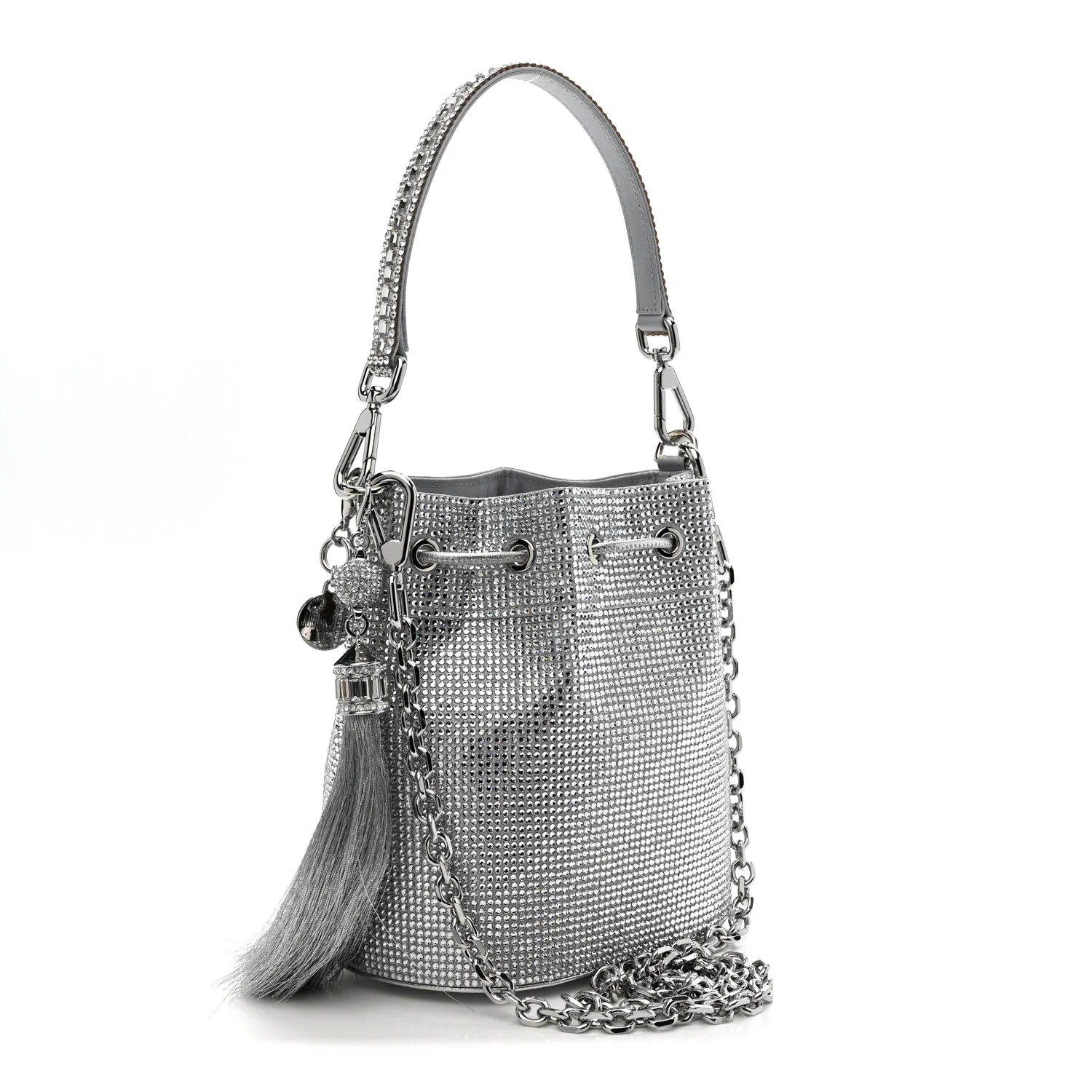 Satin Crystal Embellished Medium Piper Bucket  Silver Rhine