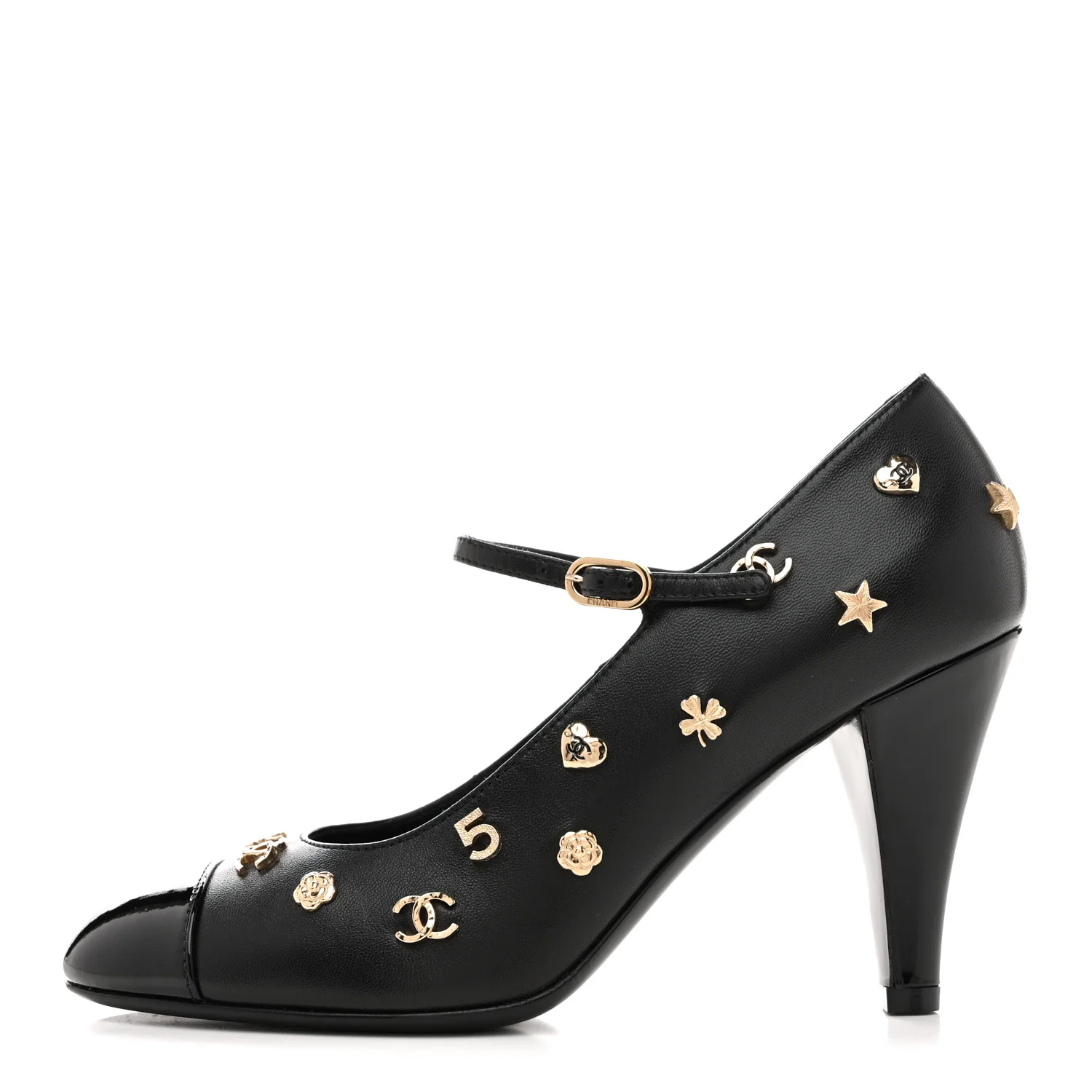Lambskin Patent Cap Toe Charms Mary Jane Pumps 36.5 Black