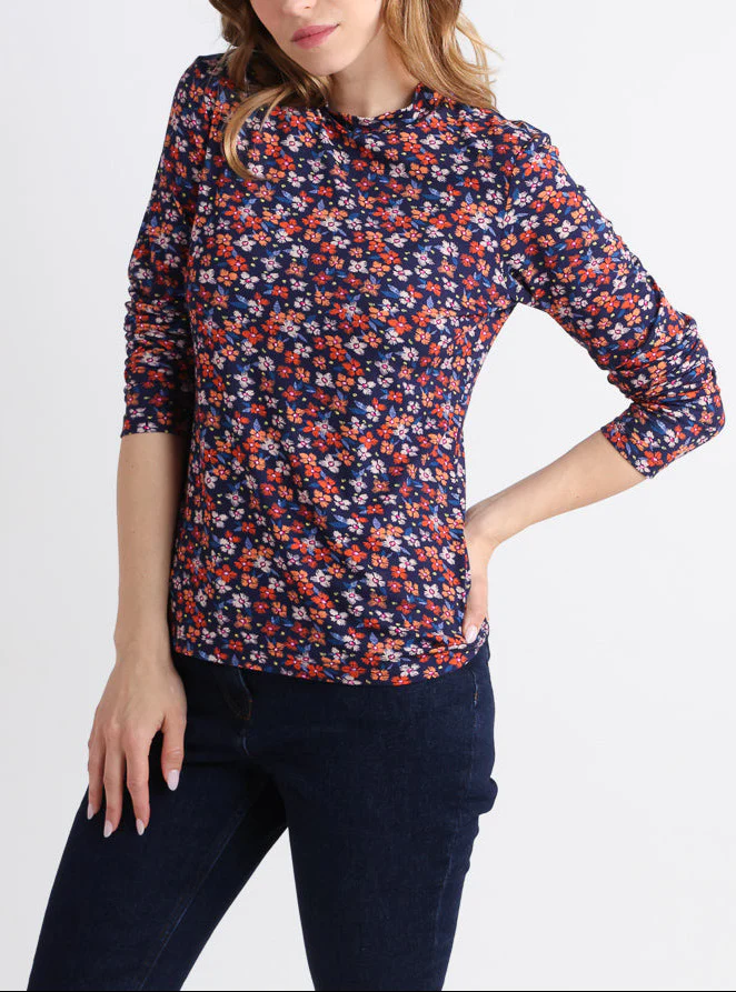 T-shirt femme coton à fleurs bleu marine