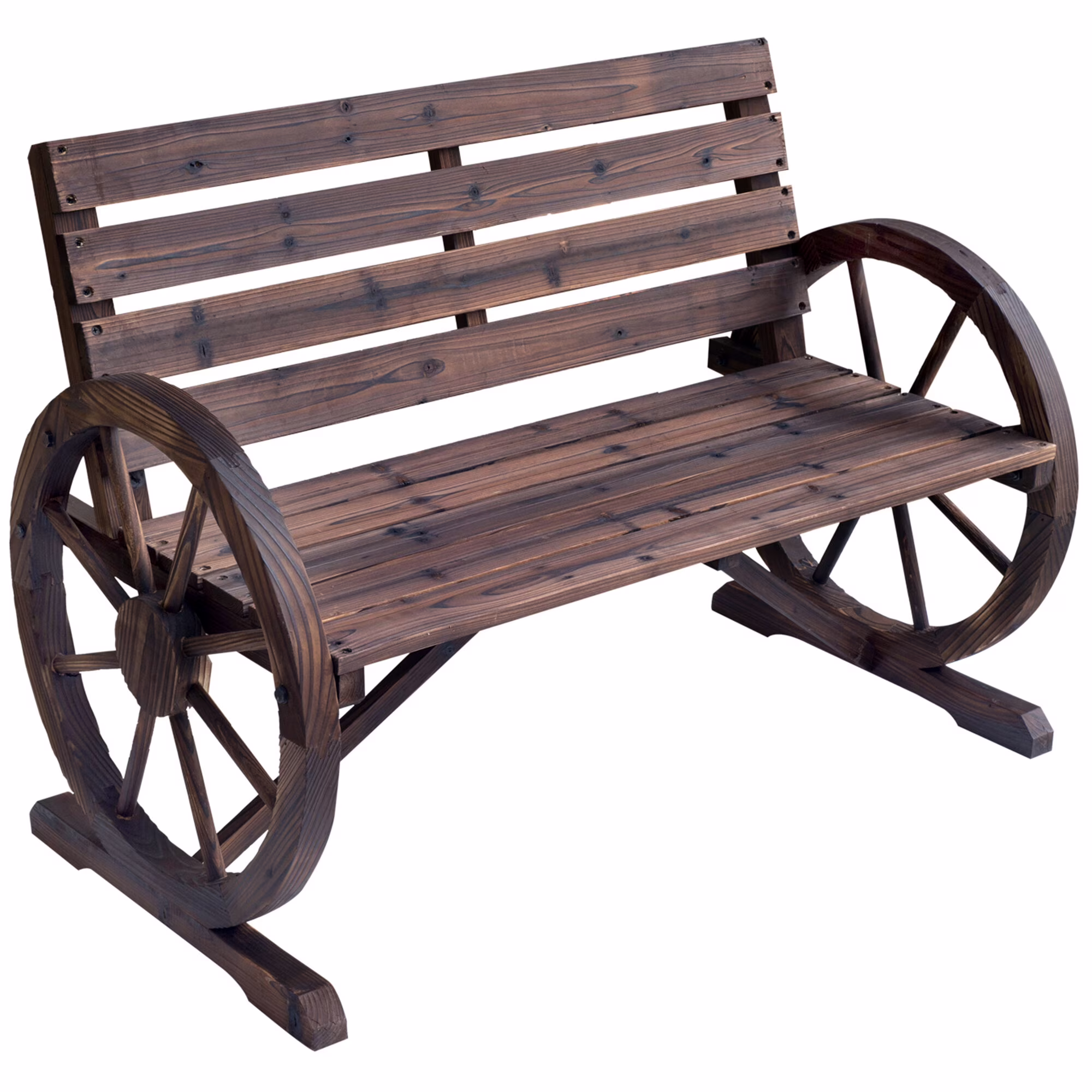 DUOSONG Outsunny 41 Wooden Wagon Wheel Bench, Rustic Outdoor Patio Weather Resistance Furniture, 2-Person Slatted Seat Bench With Backrest, Carbonized Brown Wood Garden & Outdoor Outdoor & Patio