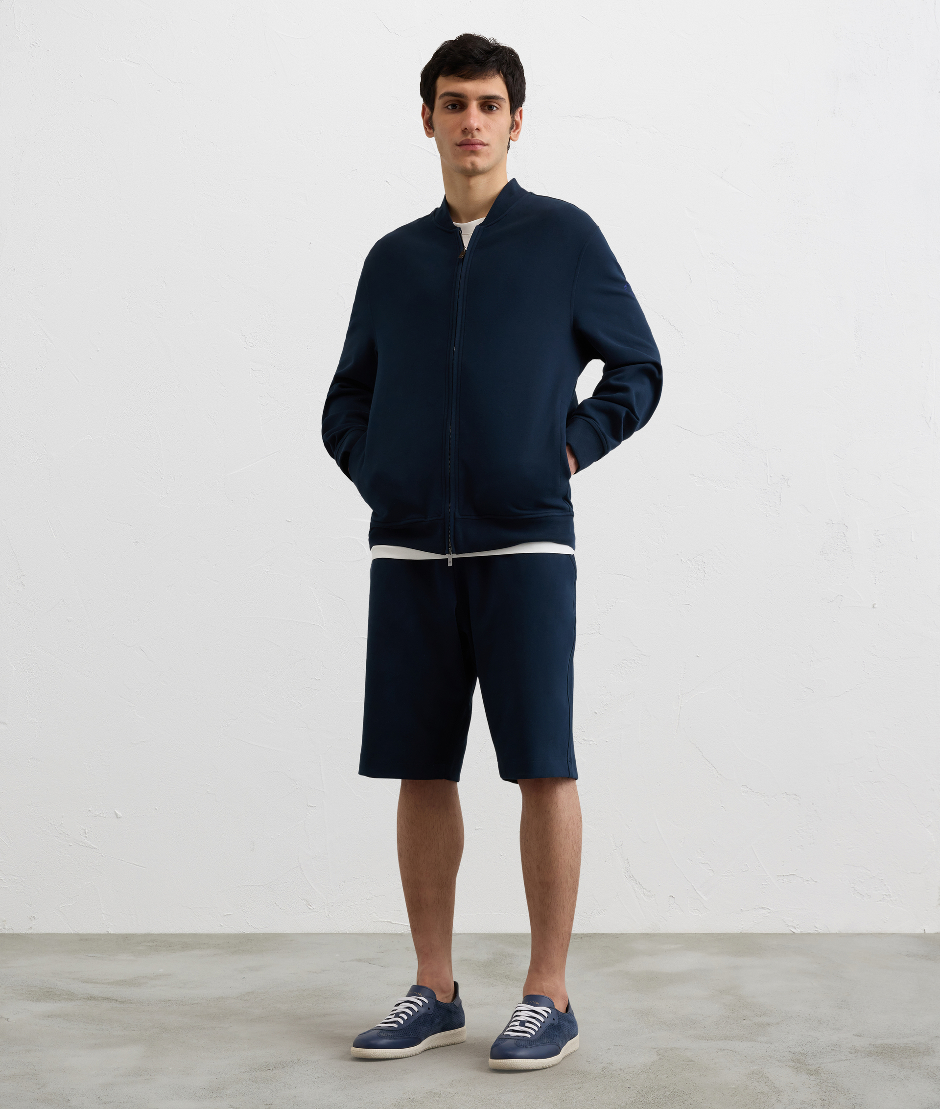 NAVY BLUE PEACH EFFECT FLEECE SHORTS WITH TREE EMBROIDERY UNDER BACK POCKET