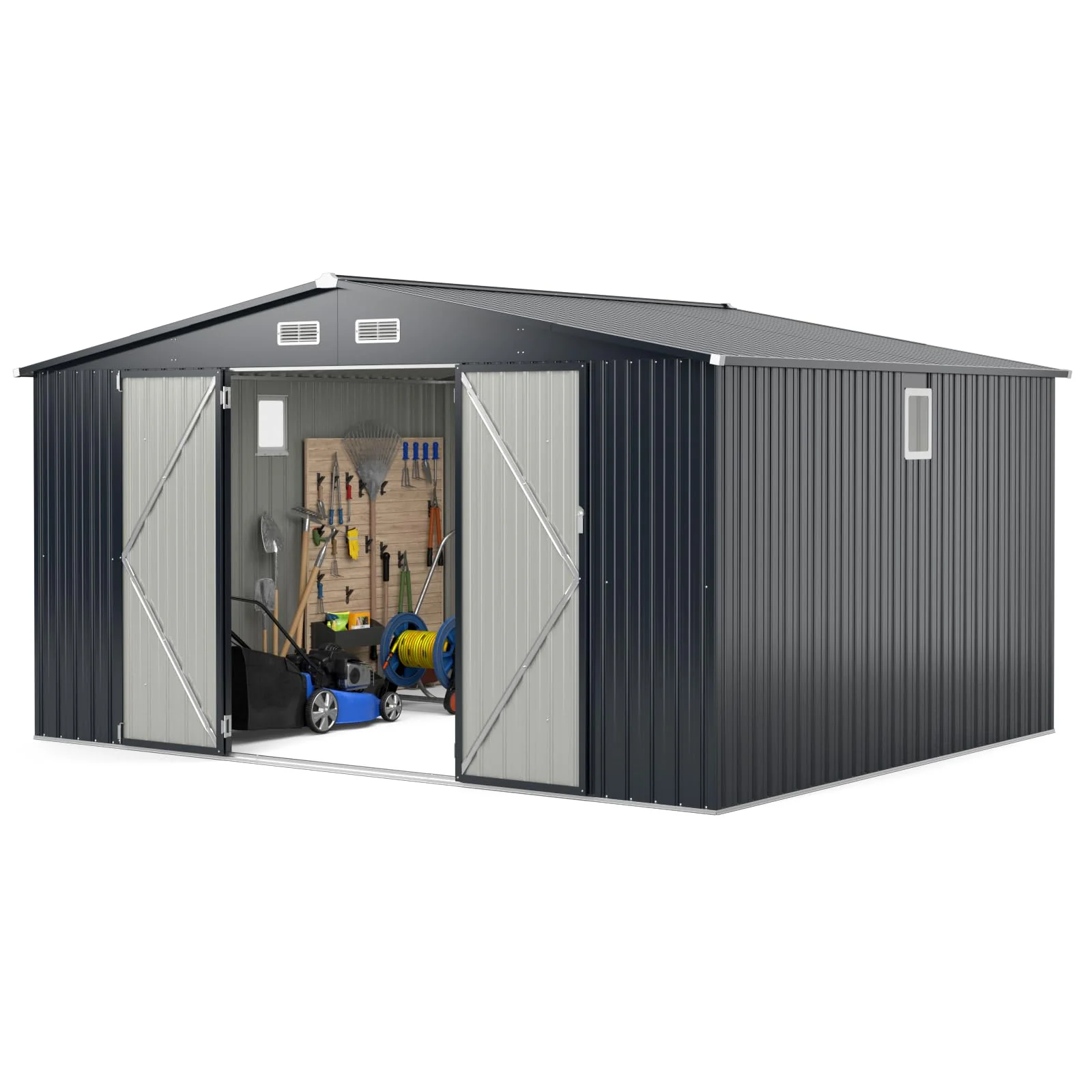 12 x 9.8 FT All-Weather Outdoor Storage Shed, Rustproof Galvanized Metal Utility Tool Shed w/Lockable Door, Pitched Roof, Windows