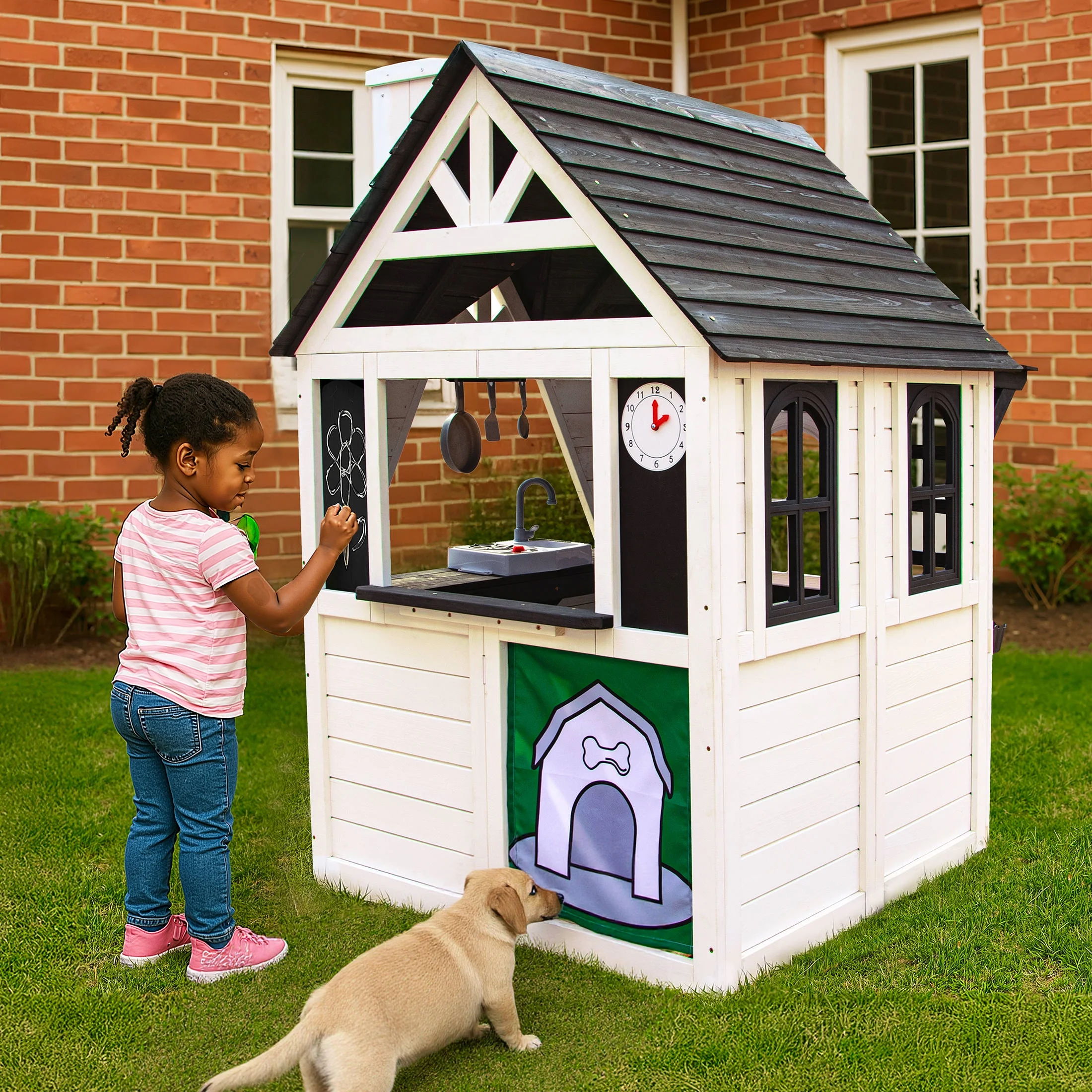 Outdoor Playhouse for Kids Ages 4-8, Wooden Play House with Doorbell, Phone, Kitchen Toys, Outdoor Kids Play Equipment, Casa Para Niñas (45”L x 65”H), White Black(Black+White) - Image 6