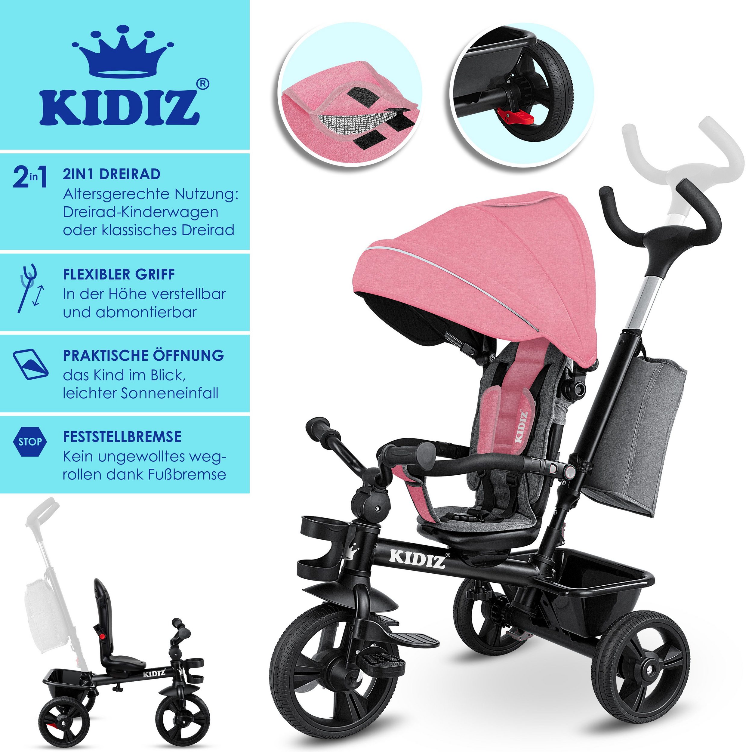 KIDIZ Dreirad, Dreirad 5in1 Kinderdreirad mit Schubstange Lenksystem Stange