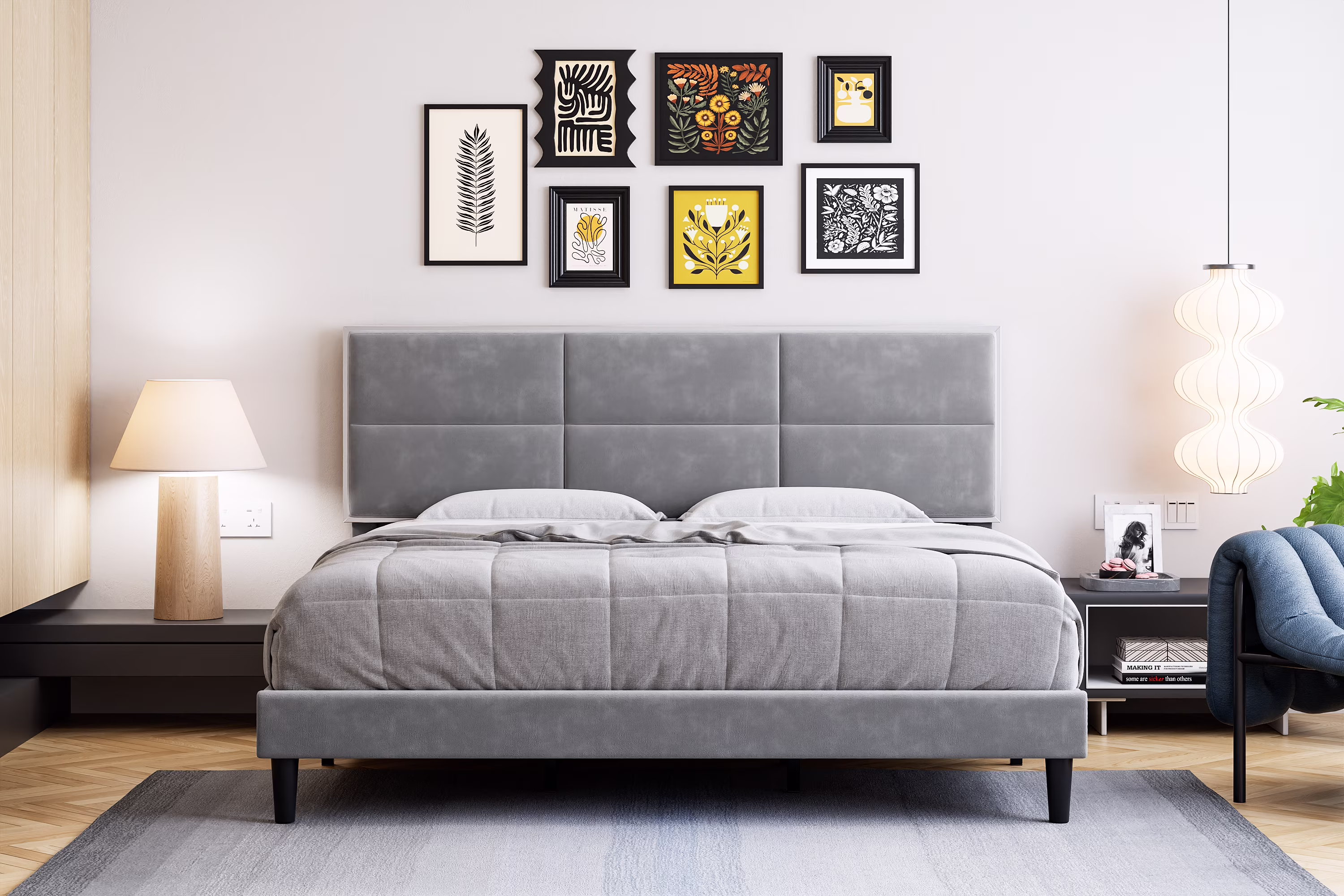 Homhougo King Size Bed Frame Upholstered Platform, Bed Frame with Square Velvet Headboard, Wooden Slats Support, Non - Slip and Noise - Free, No Box Spring Needed, Easy Assembly(Light Gray)