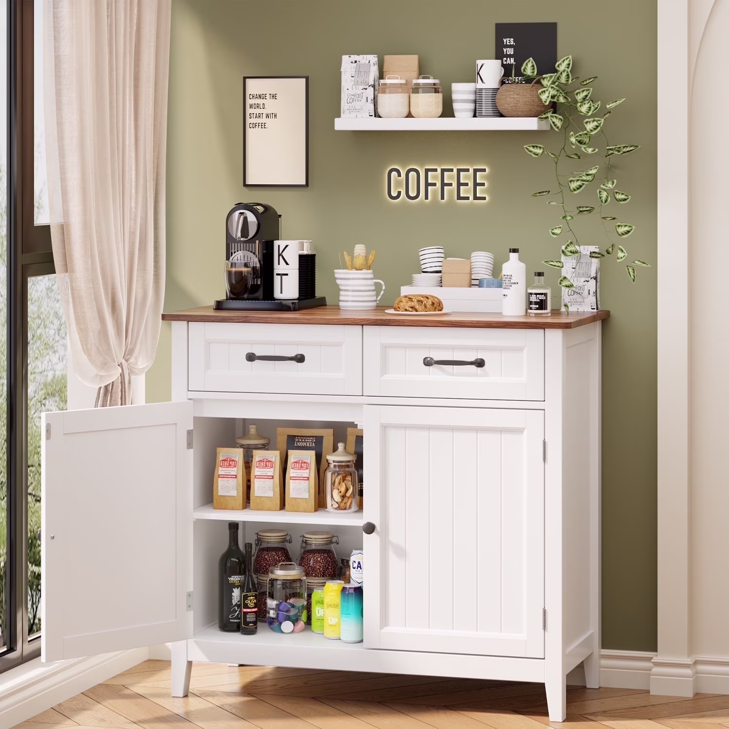 Coffee Bar, 42" Kitchen Storage Cabinet, Sideboard Buffet Cabinet with 8 Shelves, 1 Drawer(White) - Image 7