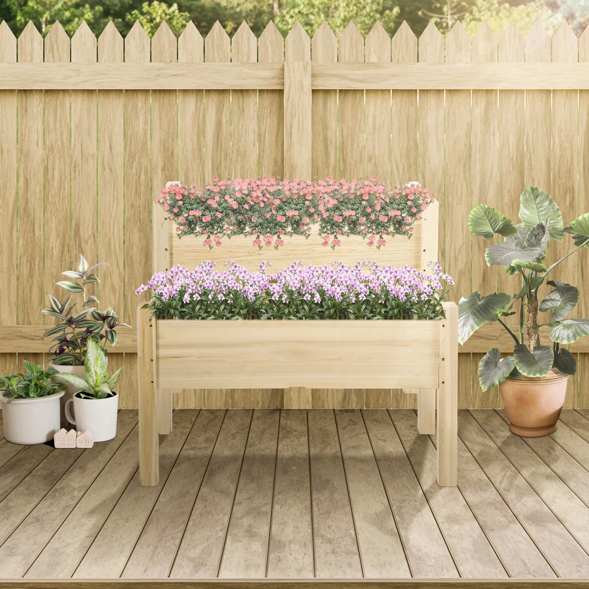 QISHENSHUI 2-Tier Raised Garden Bed 34x34x28 �C Elevated Wood Planter Stand with Deep Grow Box for Healthy Root Development & Back-Friendly Gardening, Gray