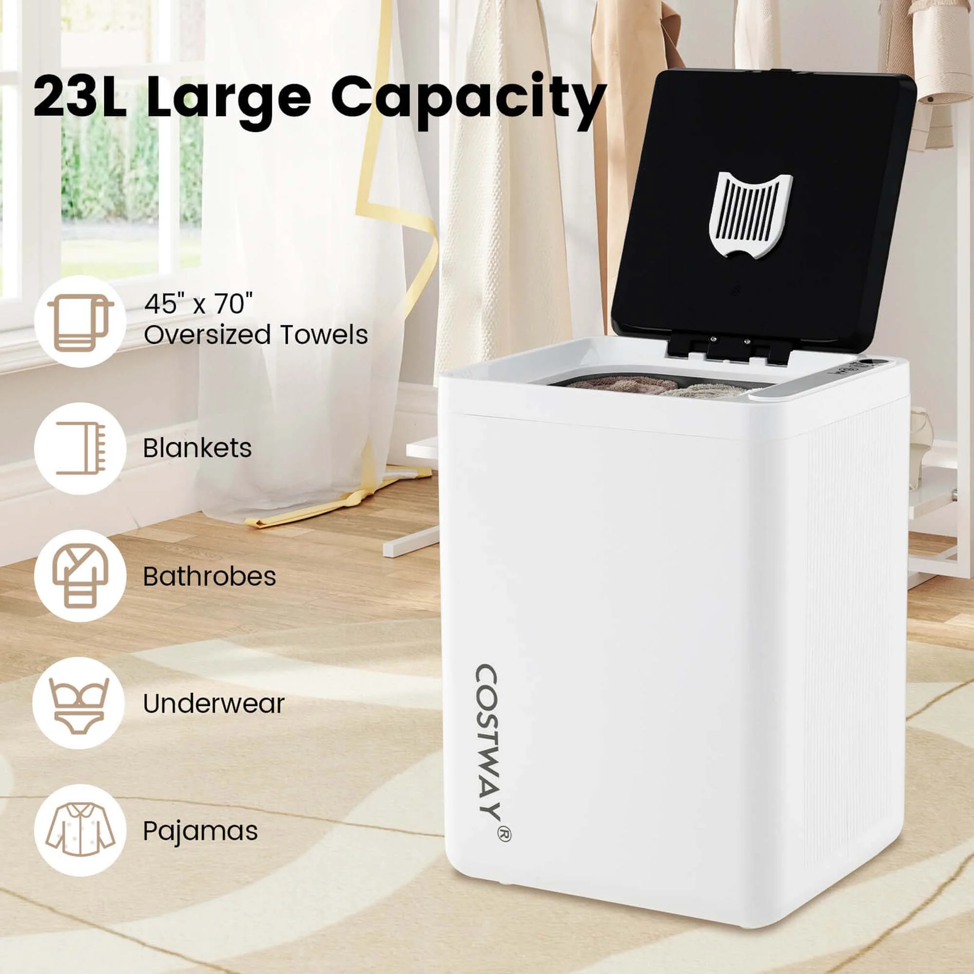 Costway 23 L Towel Warmer with Auto Shut Off LED Screen 15 - 90 Mins Timer Blankets