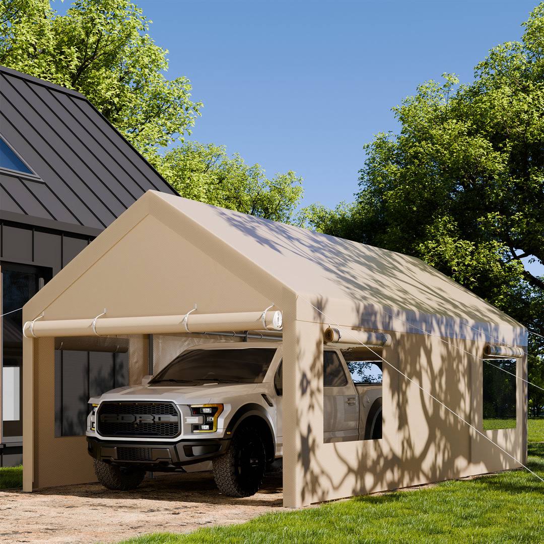 Walsunny Carport 12x18.5 ft Heavy Duty Car Canopy with Roll-Up Windows Portable Garage with Removable Sidewalls & Doors(10�G20 ft/Khaki)