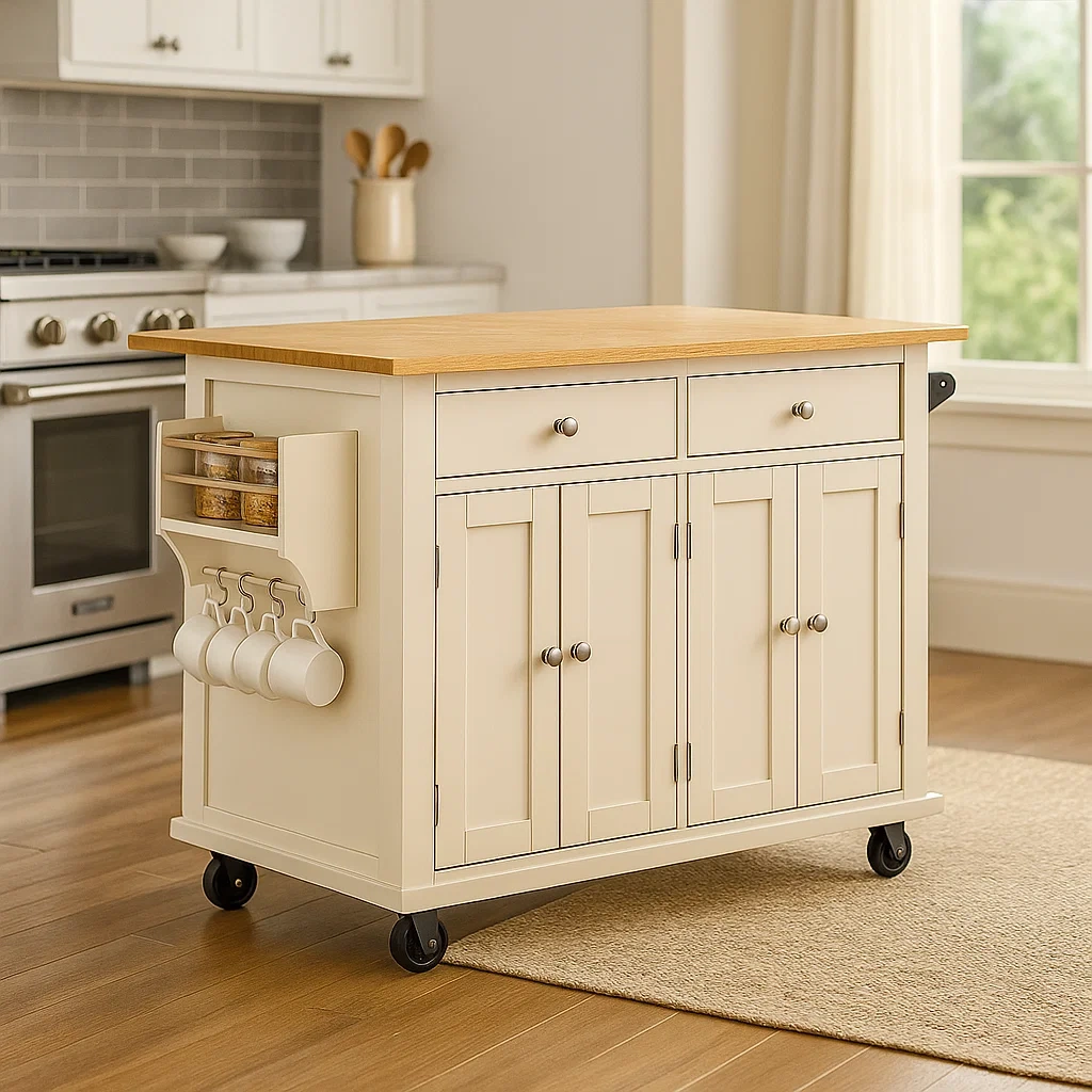 Kkken, rektangulr, med dobbeltskab og to skuffer, lavet af MDF-tr, cremefarvet, med hjul og sidekroge, 115x48x91 cm, til multifunktionelt kkken - rv025WbmBGOb