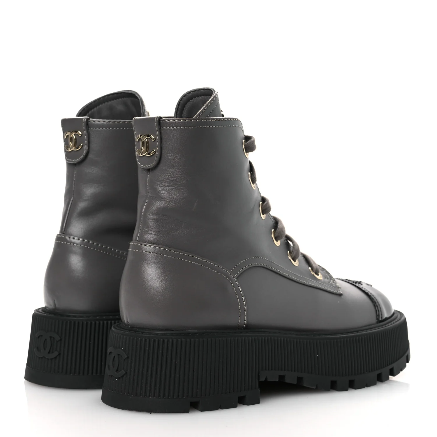 Calfskin Patent Calfskin CC Lace Up Combat Boots 36.5 Gray Black
