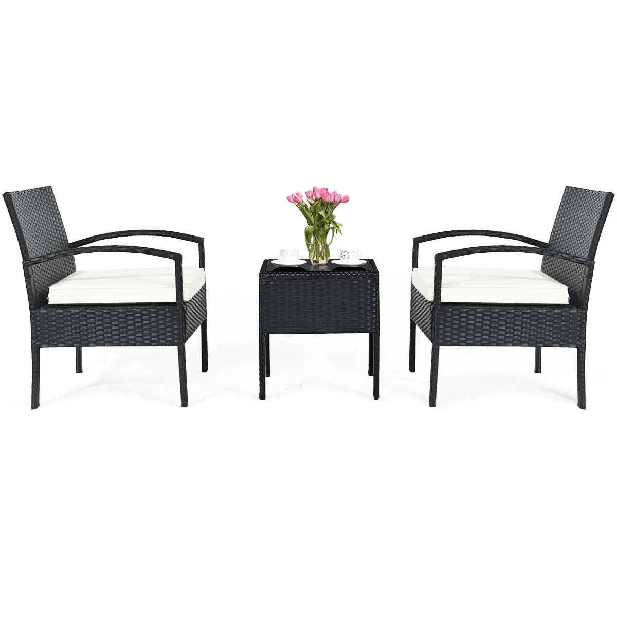 Costway 3PCS Patio Rattan Furniture Set Coffee Table & Chairs Set with Seat Cushions Garden
