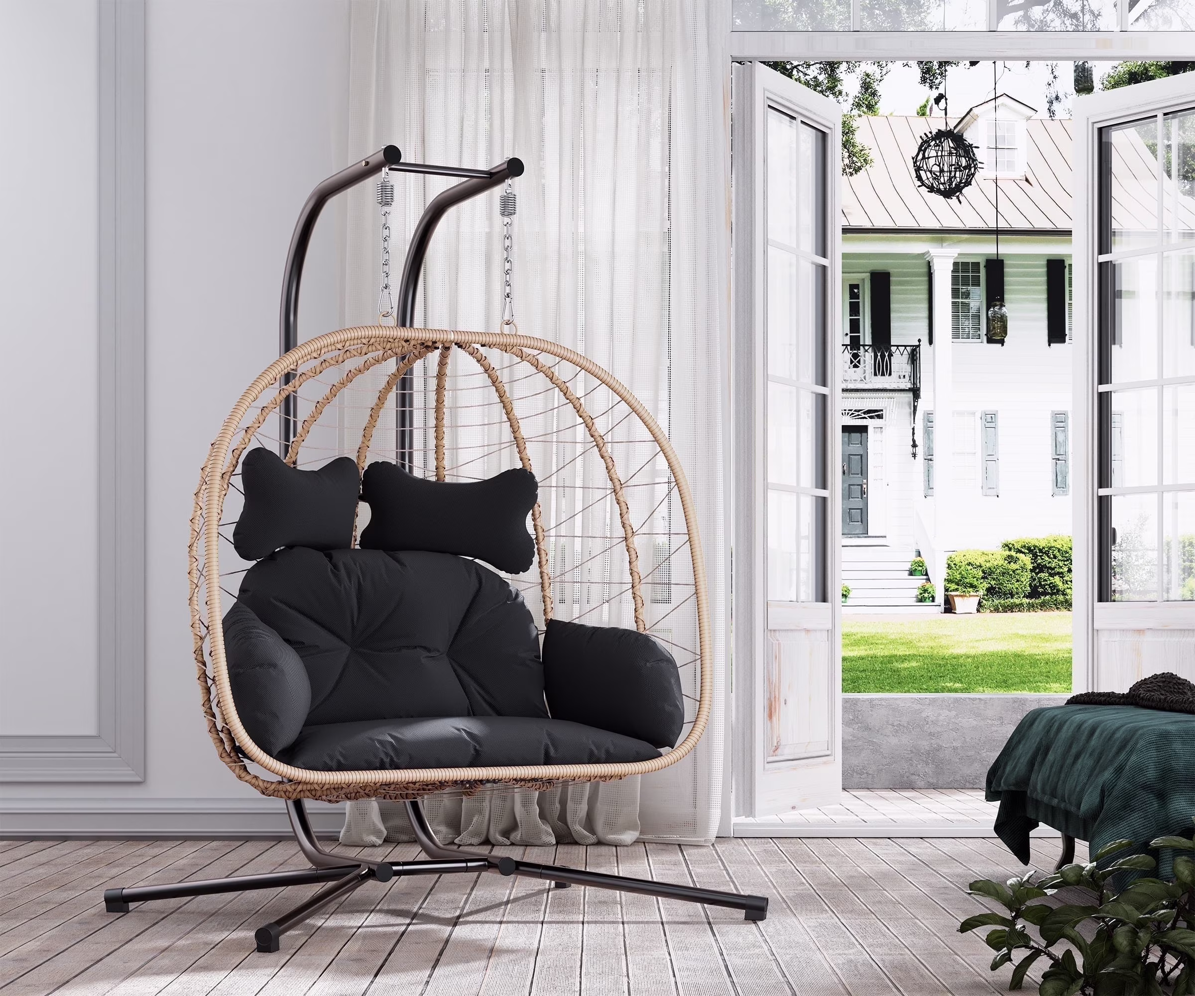 Double Wicker Swing Egg Chair Hammock Foldable Hanging Loveseat with Stand, UV Resistant Removable Cushions, 700LBS Capacity for Bedroom, Balcony (Black and Beige)(Black and Beige) - Image 5