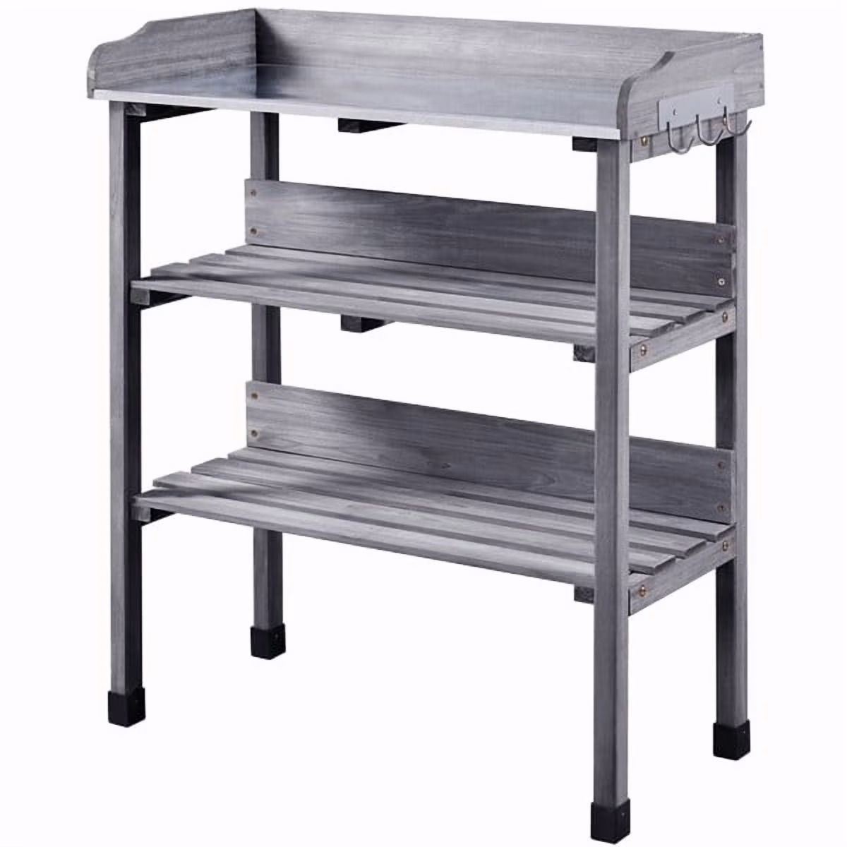 SEEKOL Fir Wood Potting Bench W/Storage Shelf W/Metal Tabletop With Hook 3 Shelves Potting Table for Outdoor Garden Work Bench Gray
