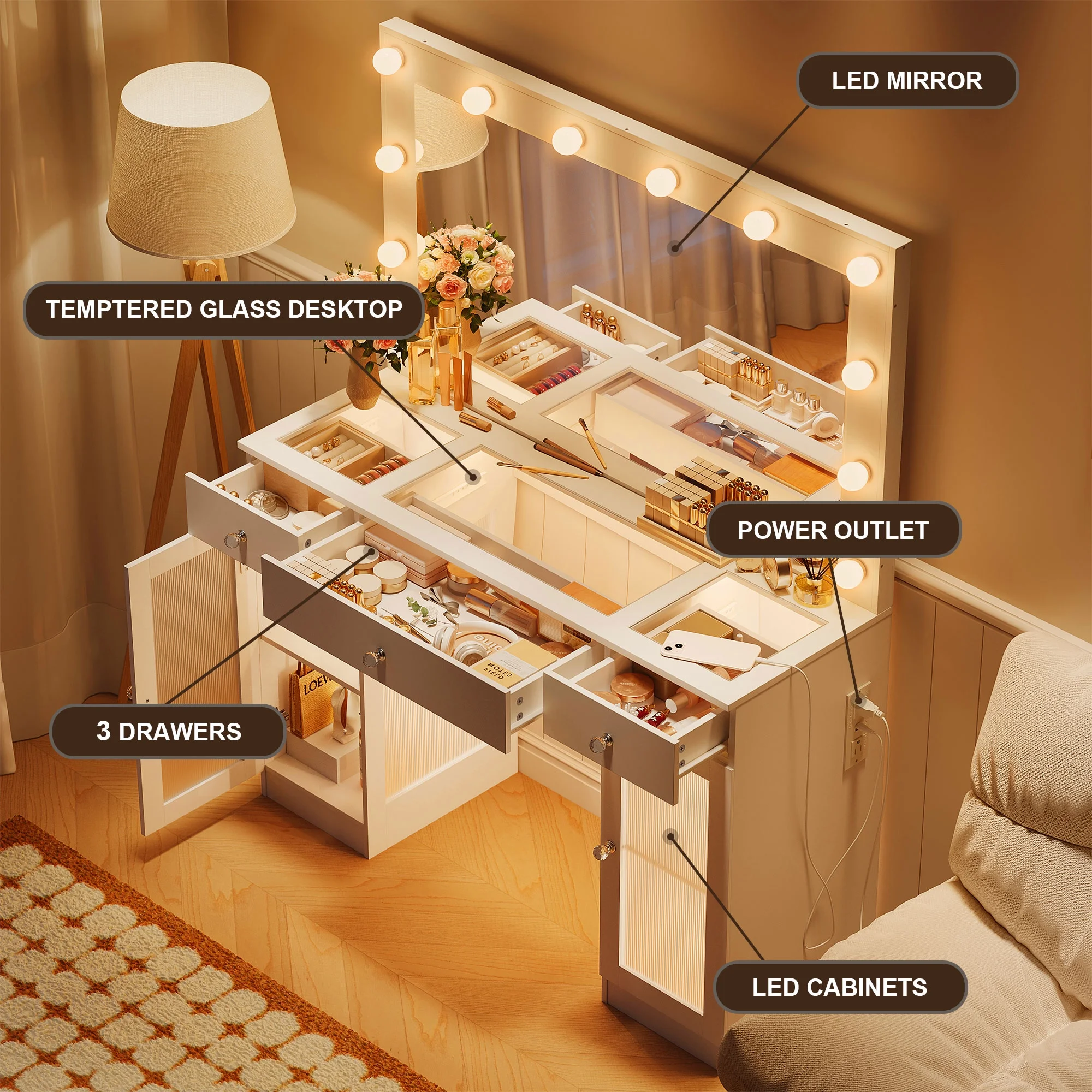Vanity Desk with Mirror and Lights,3 Drawers and Power Outlet Makeup Vanity for Women,White - Image 6